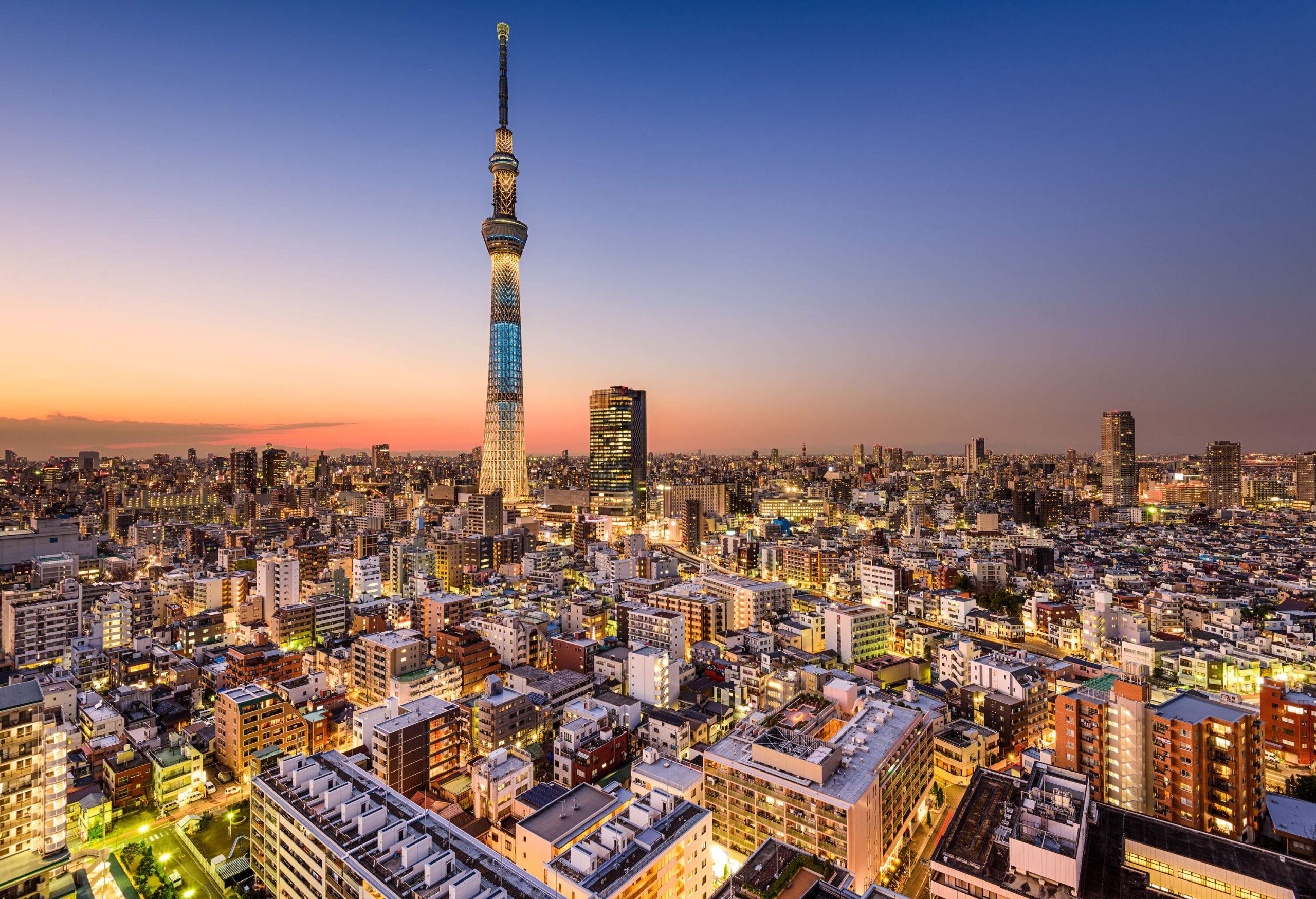 Tokyo's skyline illuminated by city lights, with the Tokyo Skytree dominating the horizon.