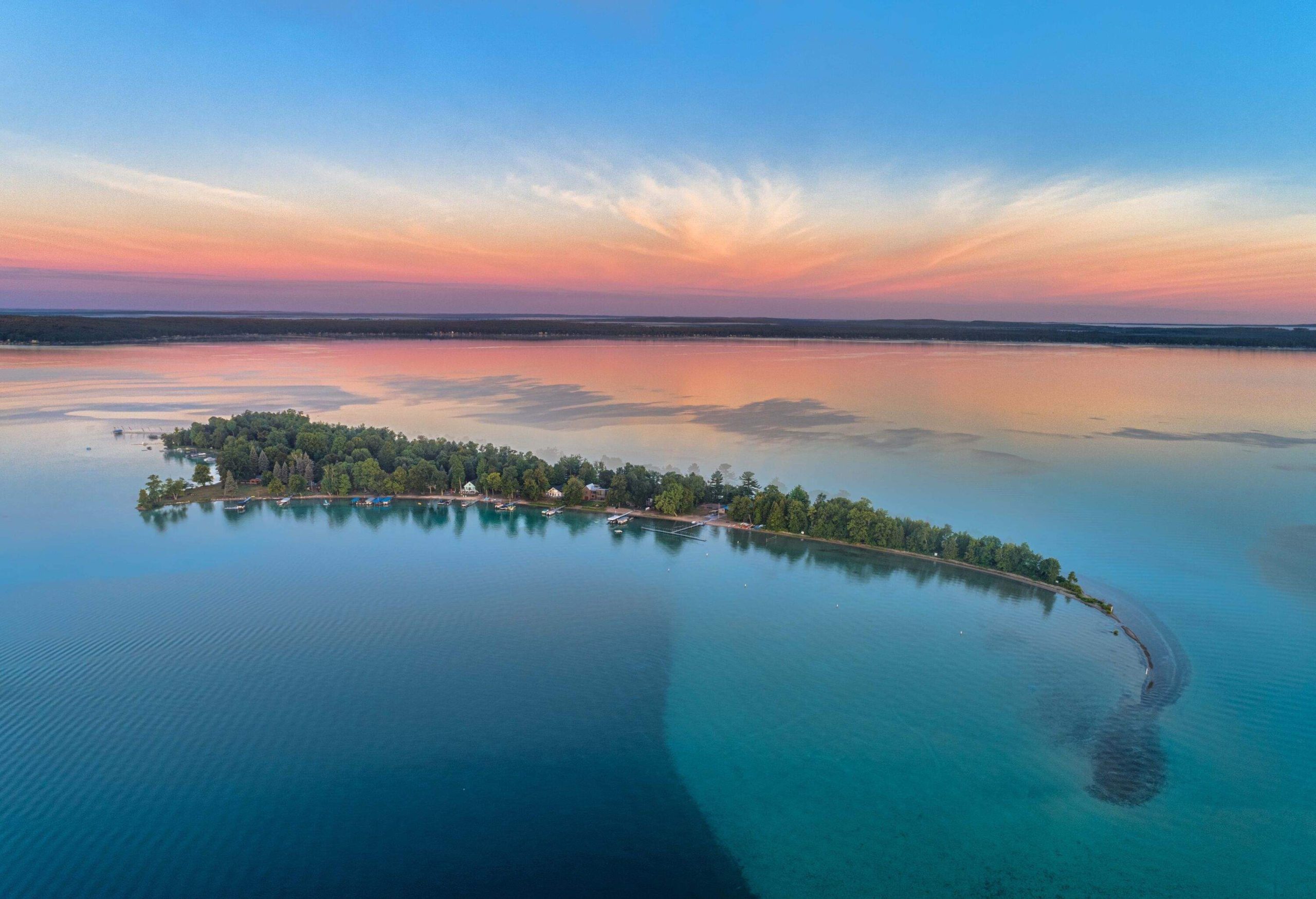 Treasure Island, Higgins Lake, Michigan. shot with drone during sunrise.