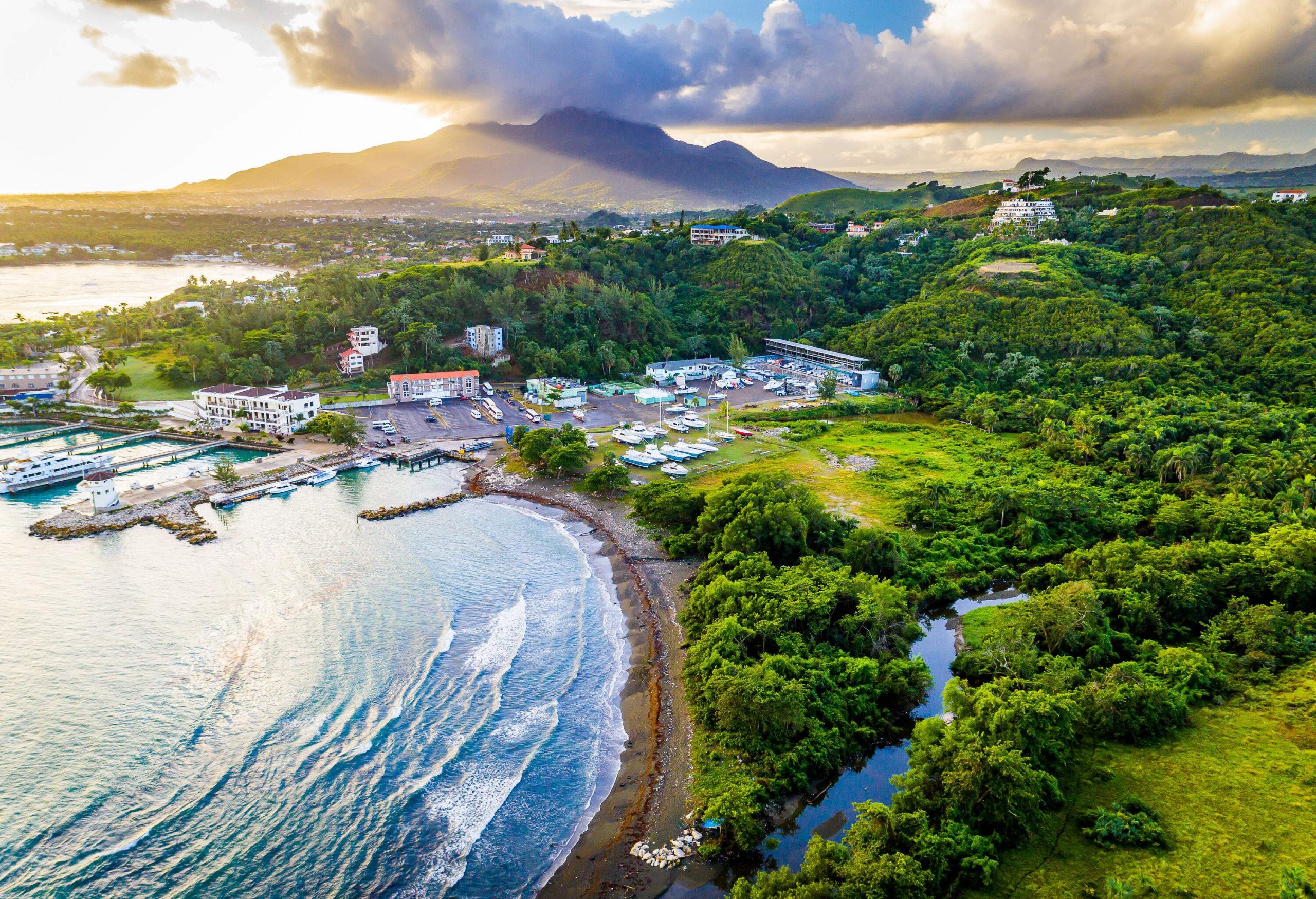 A port with buildings, parking lot, and anchored ferries along the piers surrounded by hills covered in dense foliage.