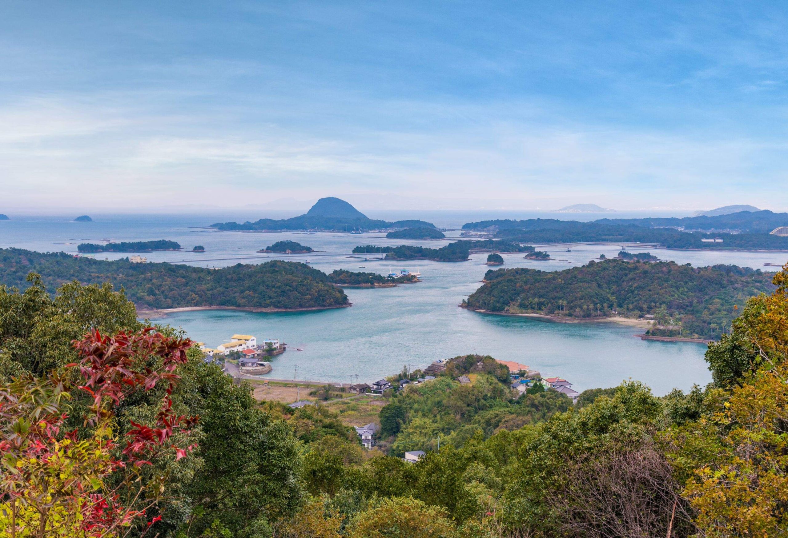 View from above of a bay of water with lots of small islands