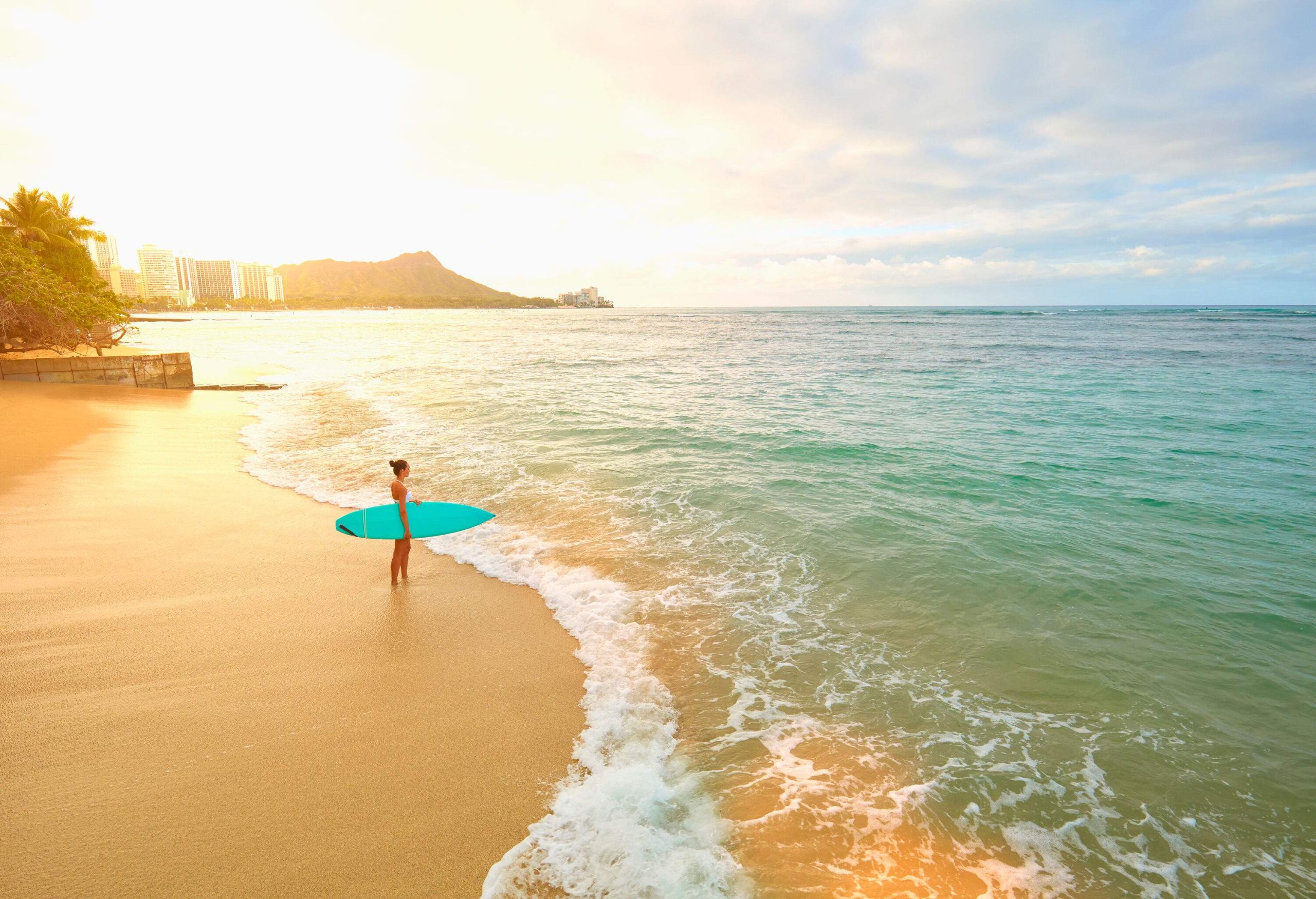 A lone figure carrying a surfboard stands poised on the waves of the beach.