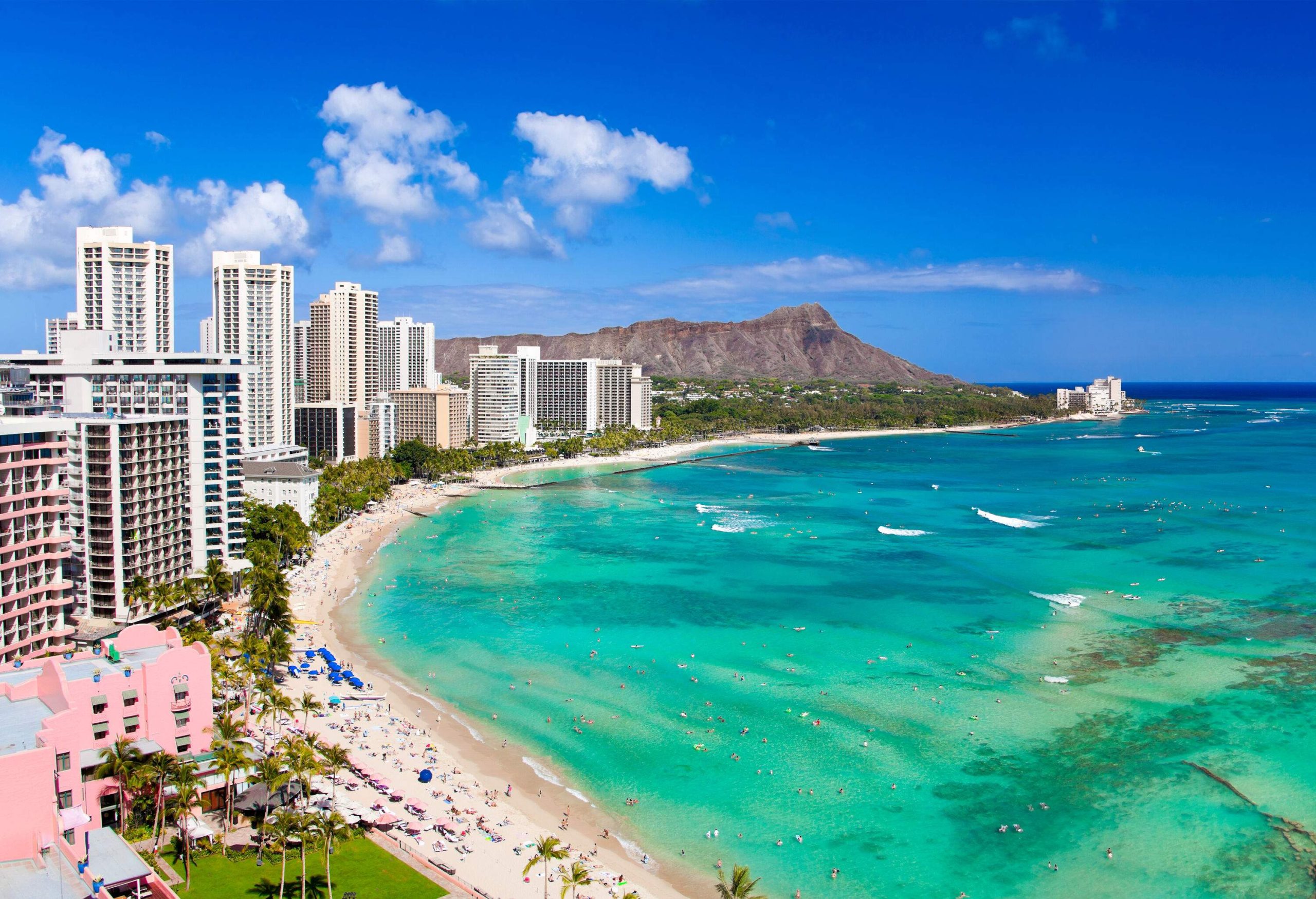 Honolulu hawaii resort waikiki beach in afternoon sun.