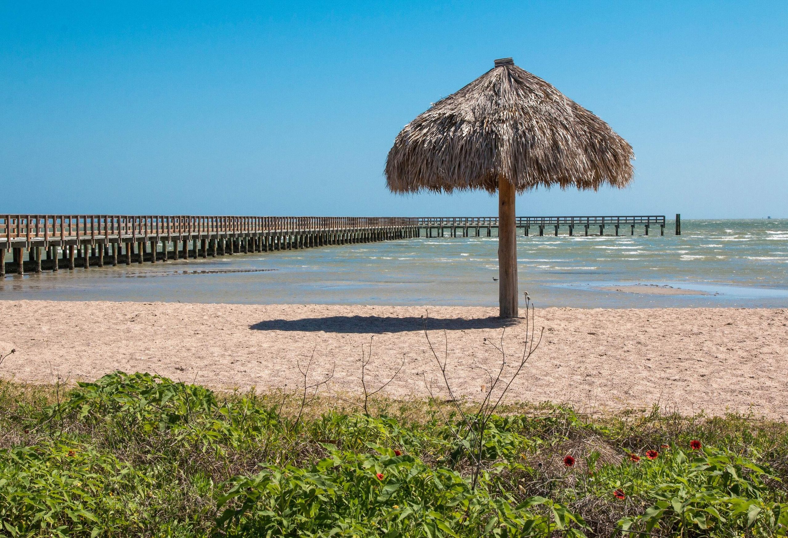 A beach with a single thatched umbrella and a lengthy pier that runs out into the water.