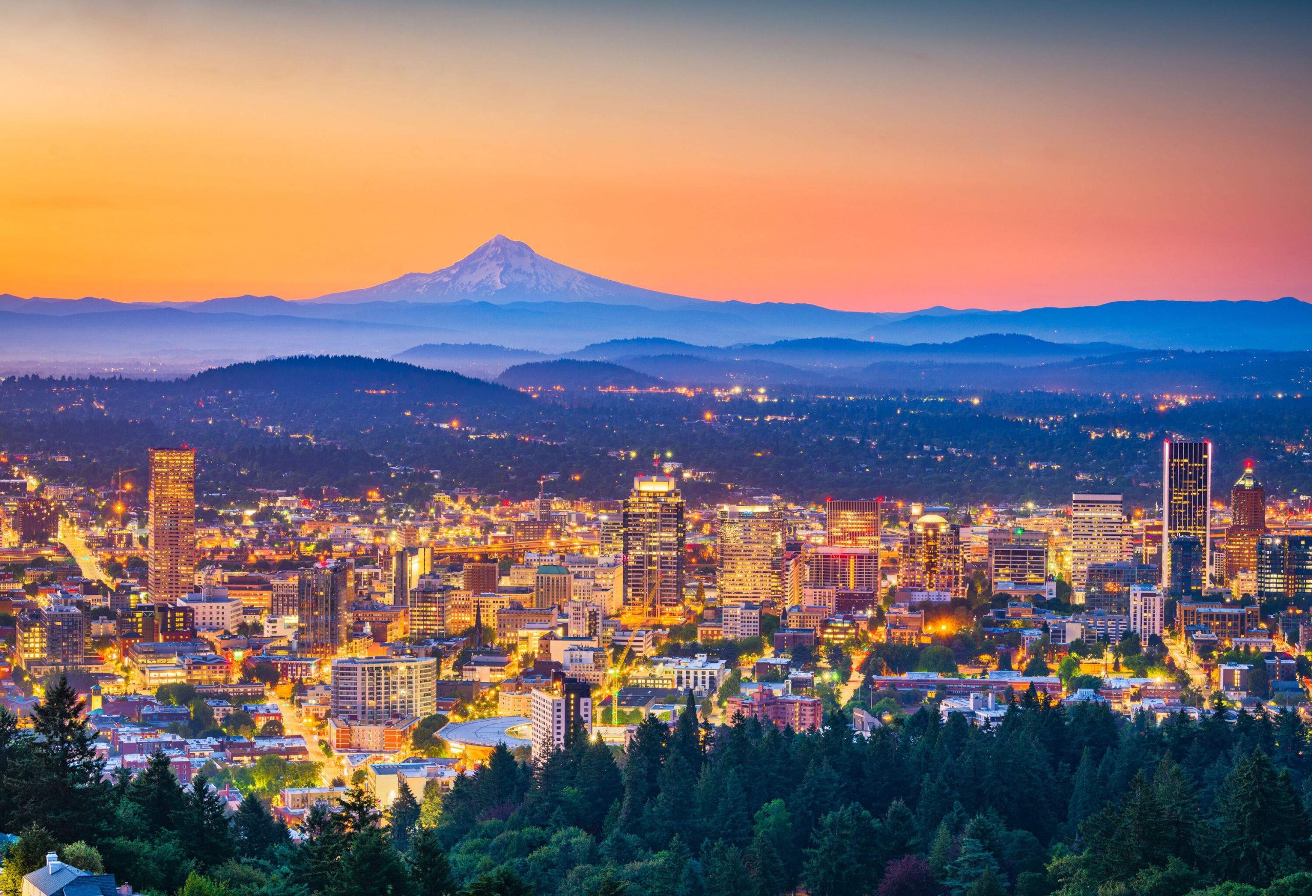 A dazzling cityscape and misty forested mountains under the orange skies.
