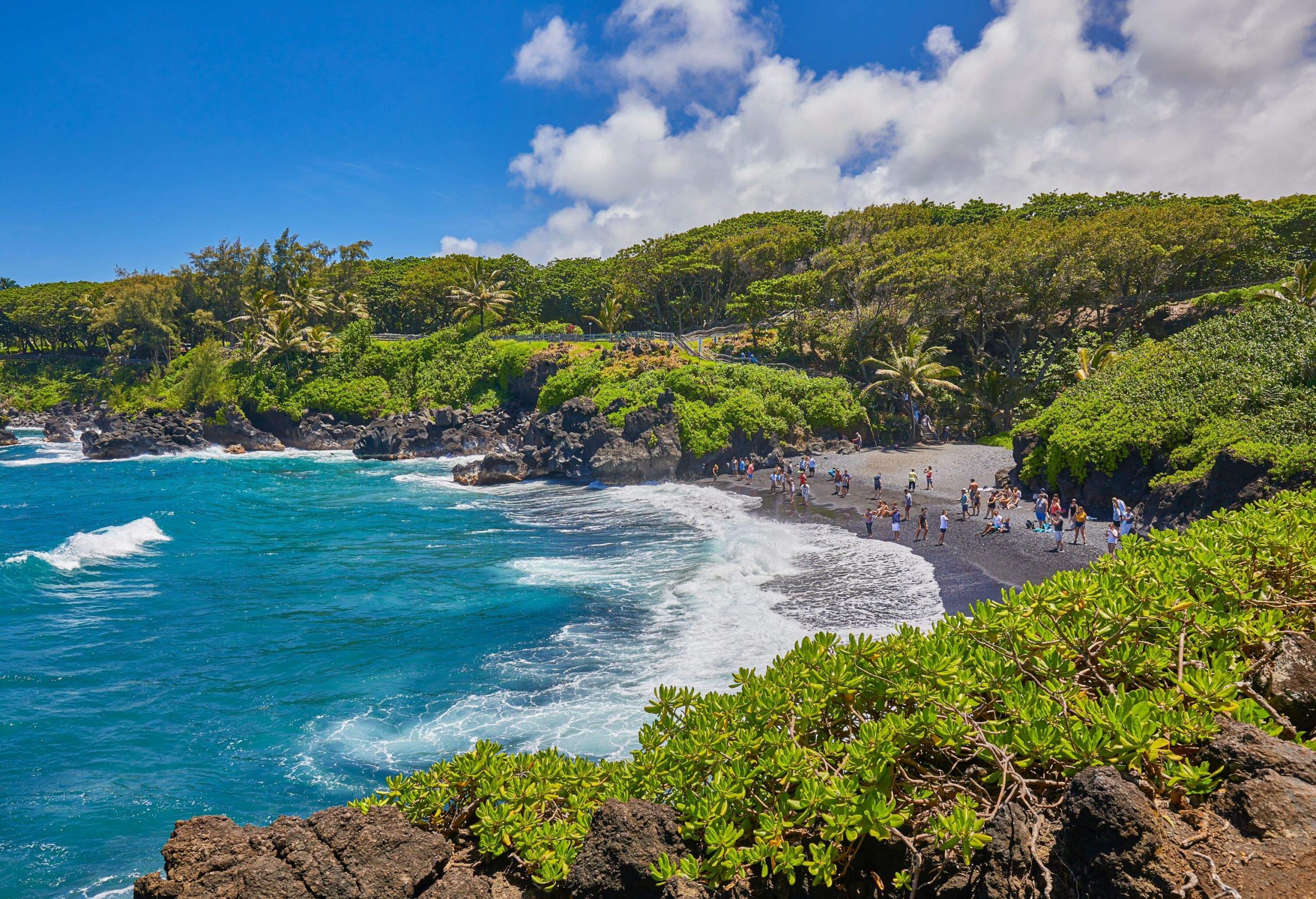 View of Honokalani beach,A black sand lava beach at Waianapanapa State Park,Road to Hana,Maui,Hawaii,USA