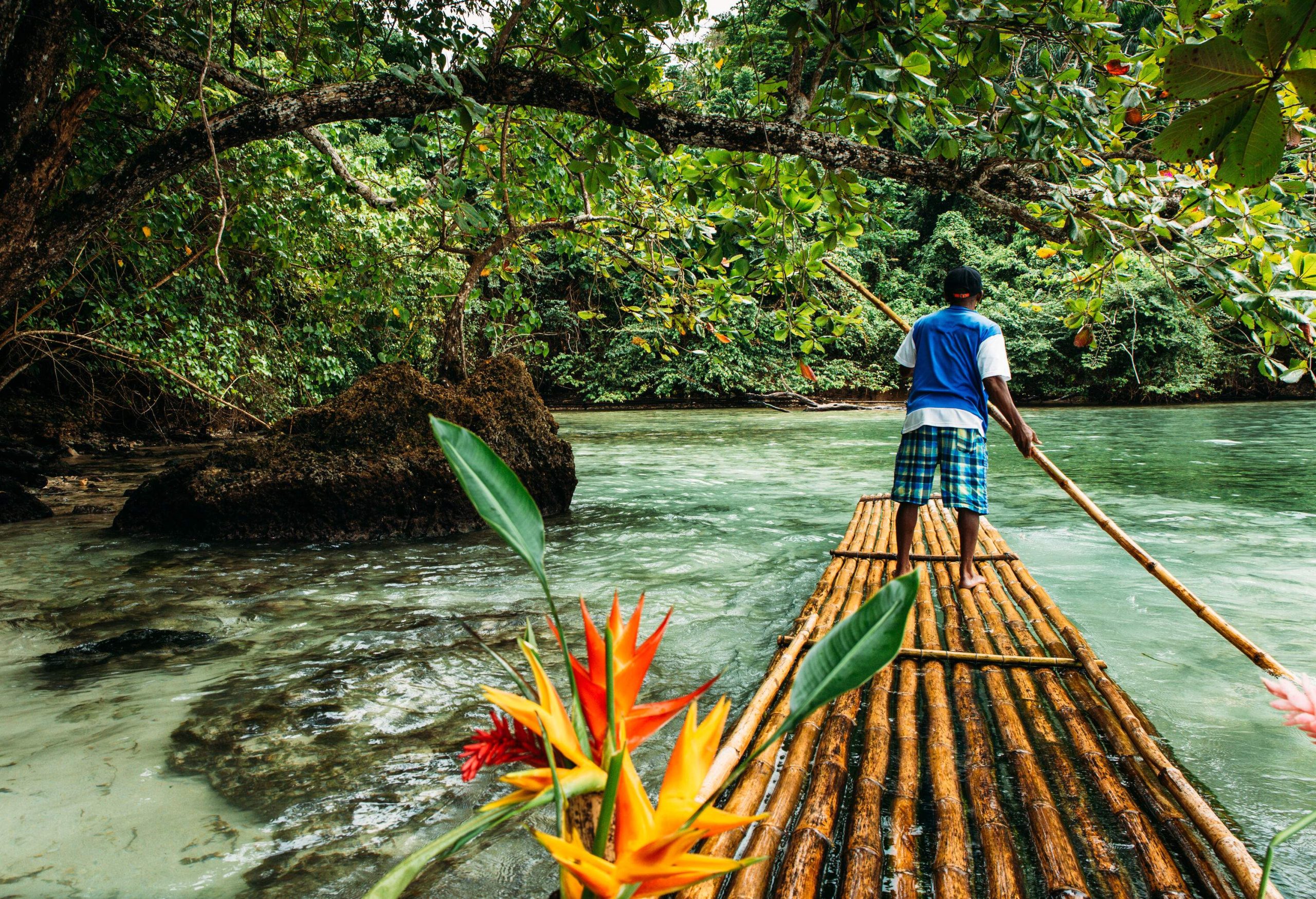 A male local paddles a bamboo raft on the forest lagoon.