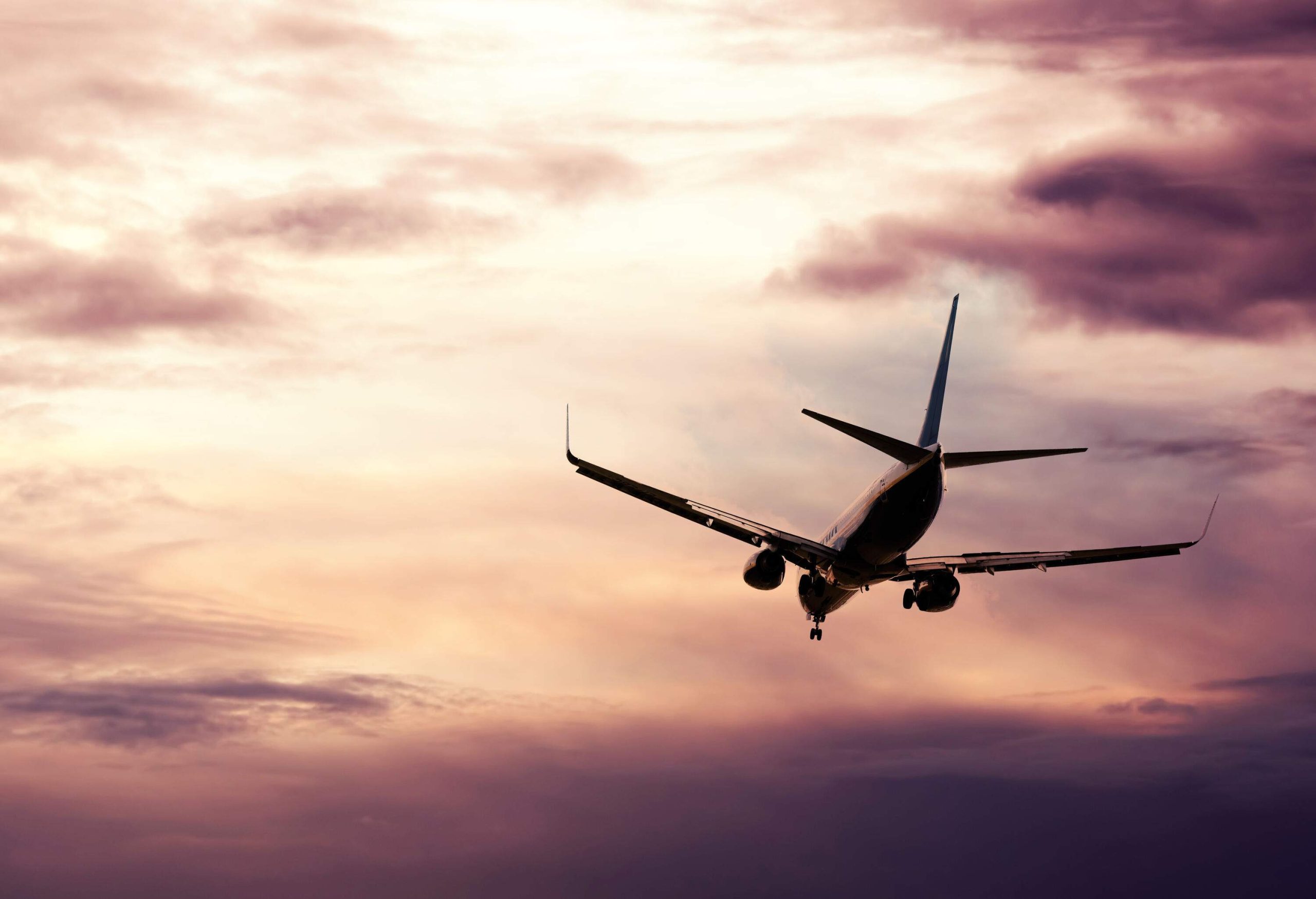 A passenger jet gracefully descends through the dusky evening sky, its sleek form silhouetted against the clouds.