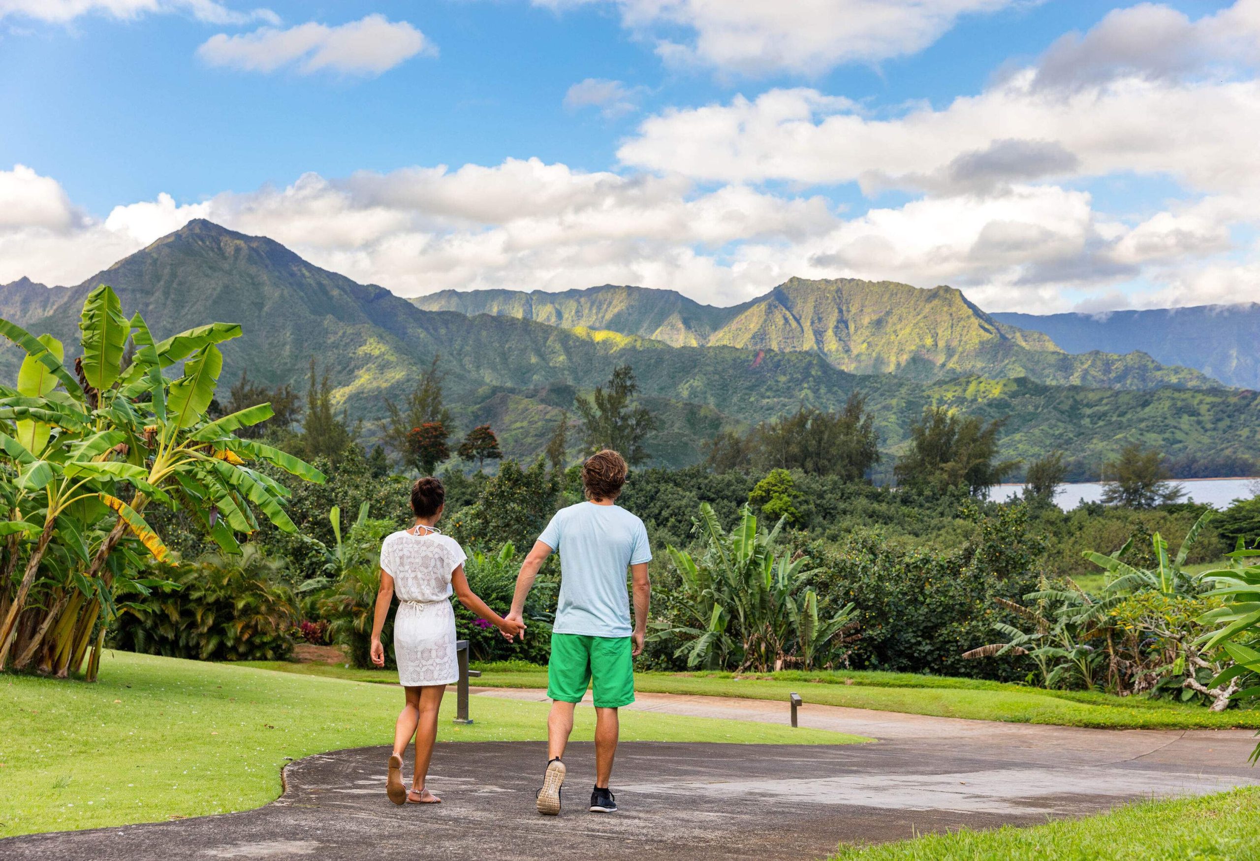 A sweet couple walking hand in hand on a lush landscape overlooking the forested mountain range against the cloudy blue sky.