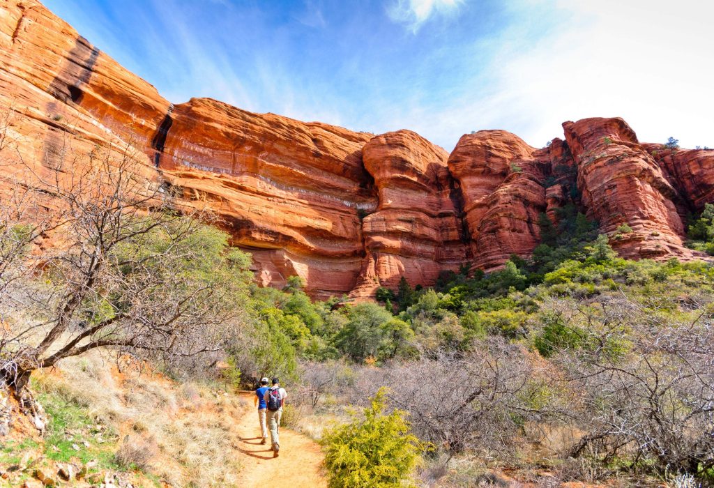 Two male friends walk on an unpaved path amidst the dry, lush trees heading towards the stunning red rock formations.