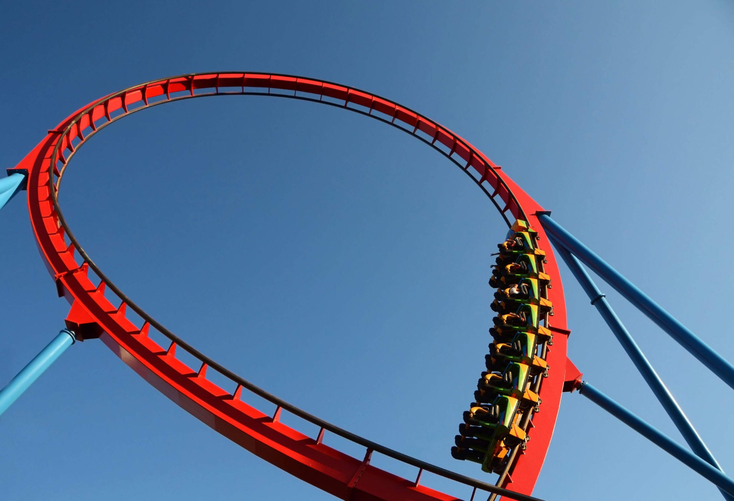 A rollercoaster travelling on twisted tracks.