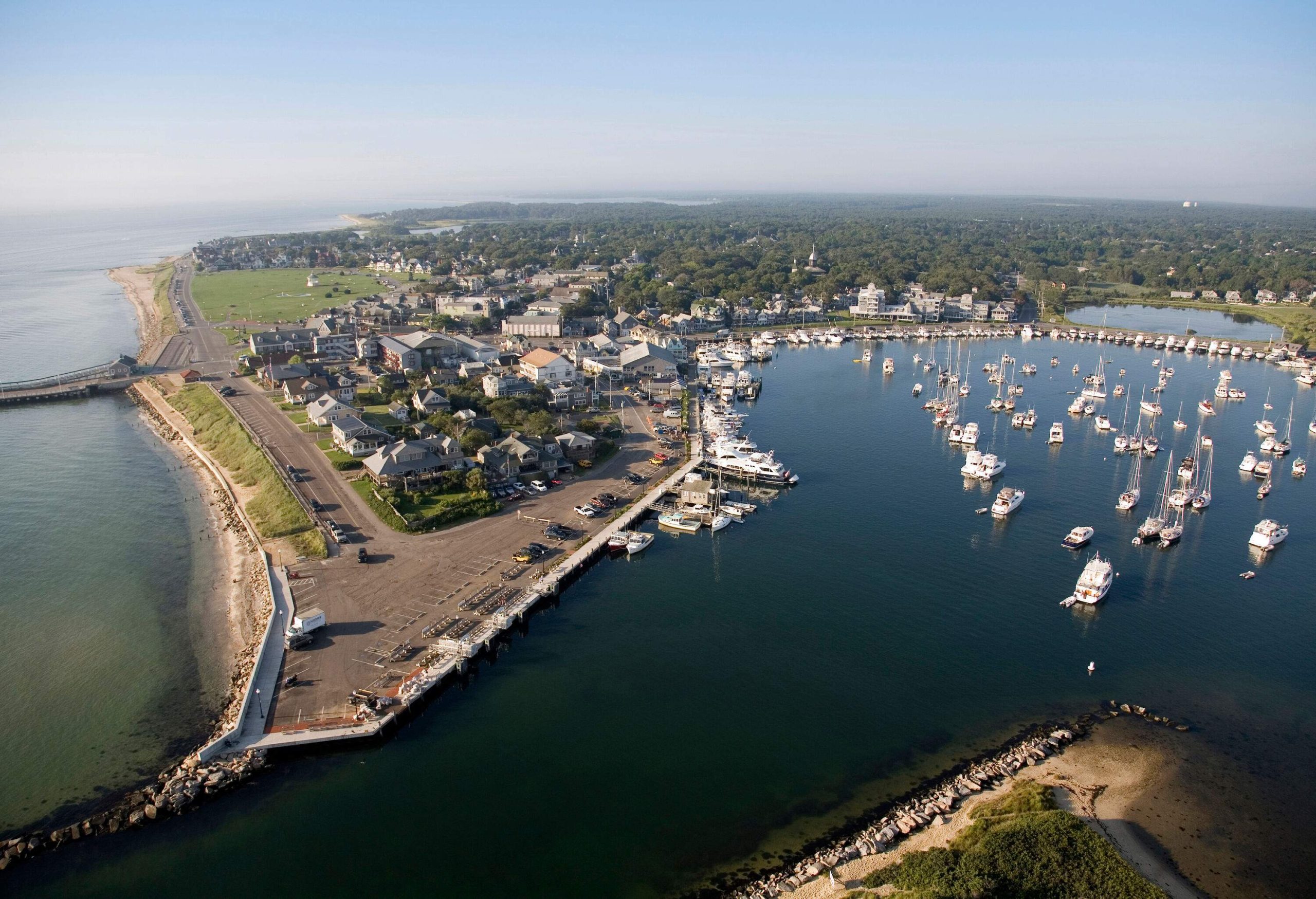 A picturesque bay is embraced by a bustling marina filled with boats, accompanied by the charm of a nearby town and the tranquilly of wooded surroundings.