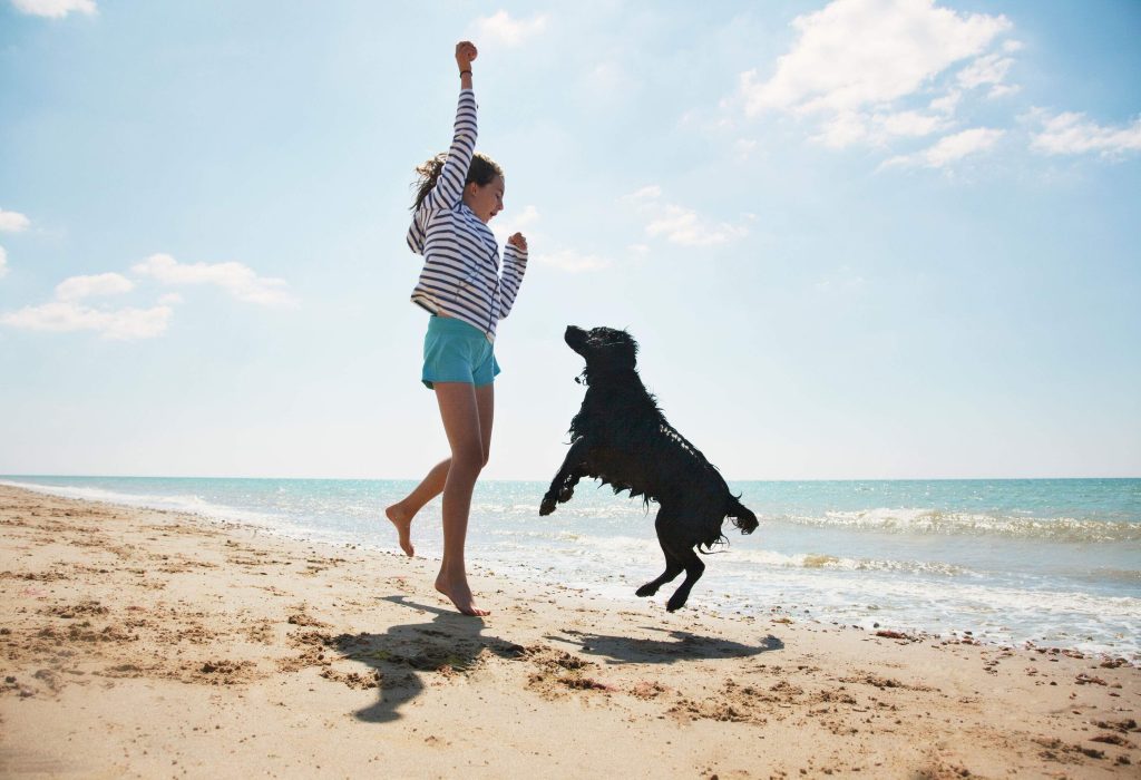 A black dog and a girl jump together on the sand.
