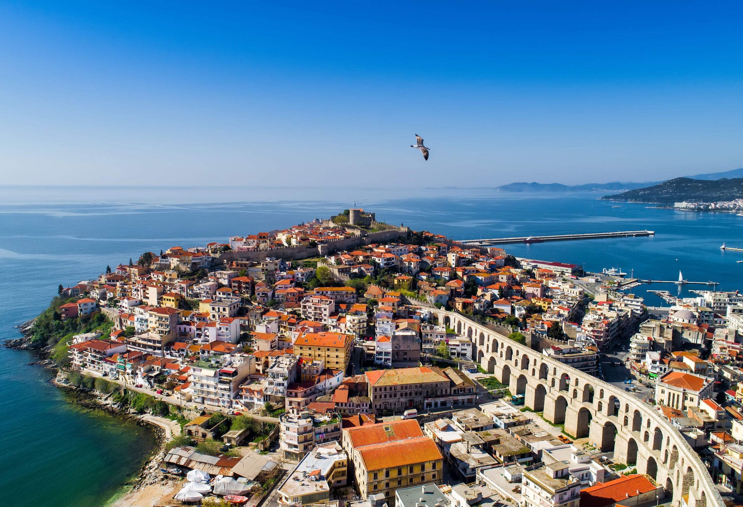 A bird flies above an aqueduct that cuts across the urban landscape of a coastal city.