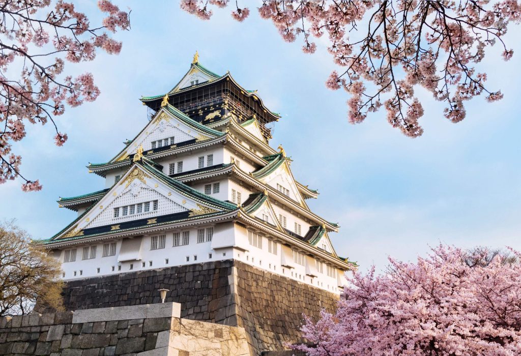 A Japanese castle with a magnificent sight of towering white walls and majestic roofs adorned with intricate golden details surrounded by purple flowering cherry blossoms.