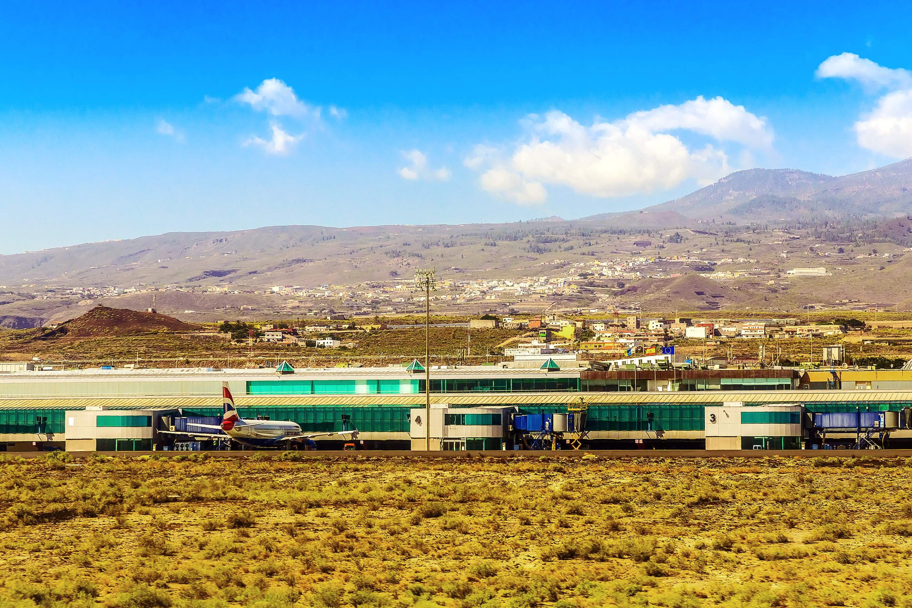 Airport in Tenerife Canary Island in Spain. View from plane runway