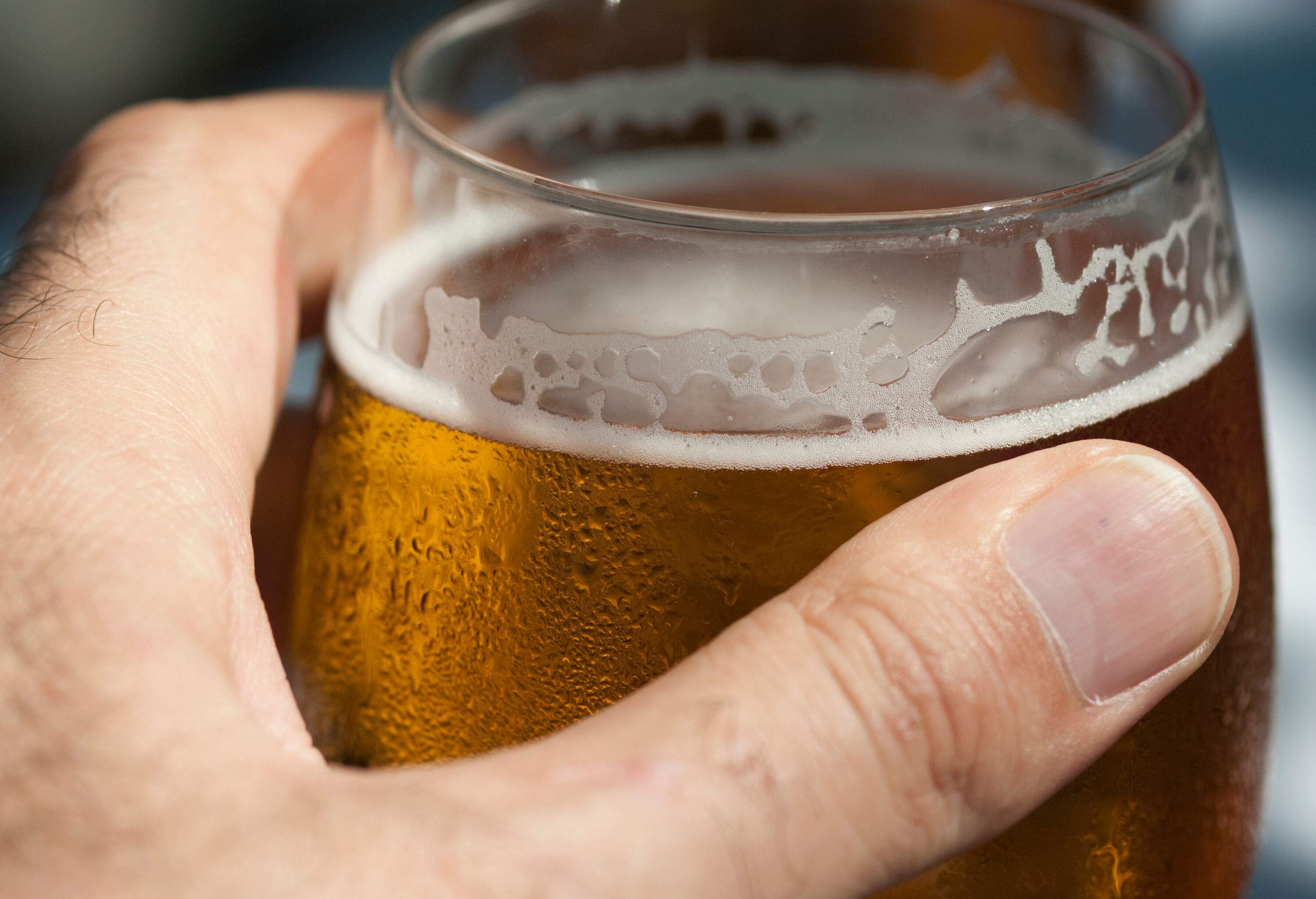 A hand holding a glass of cold beer.