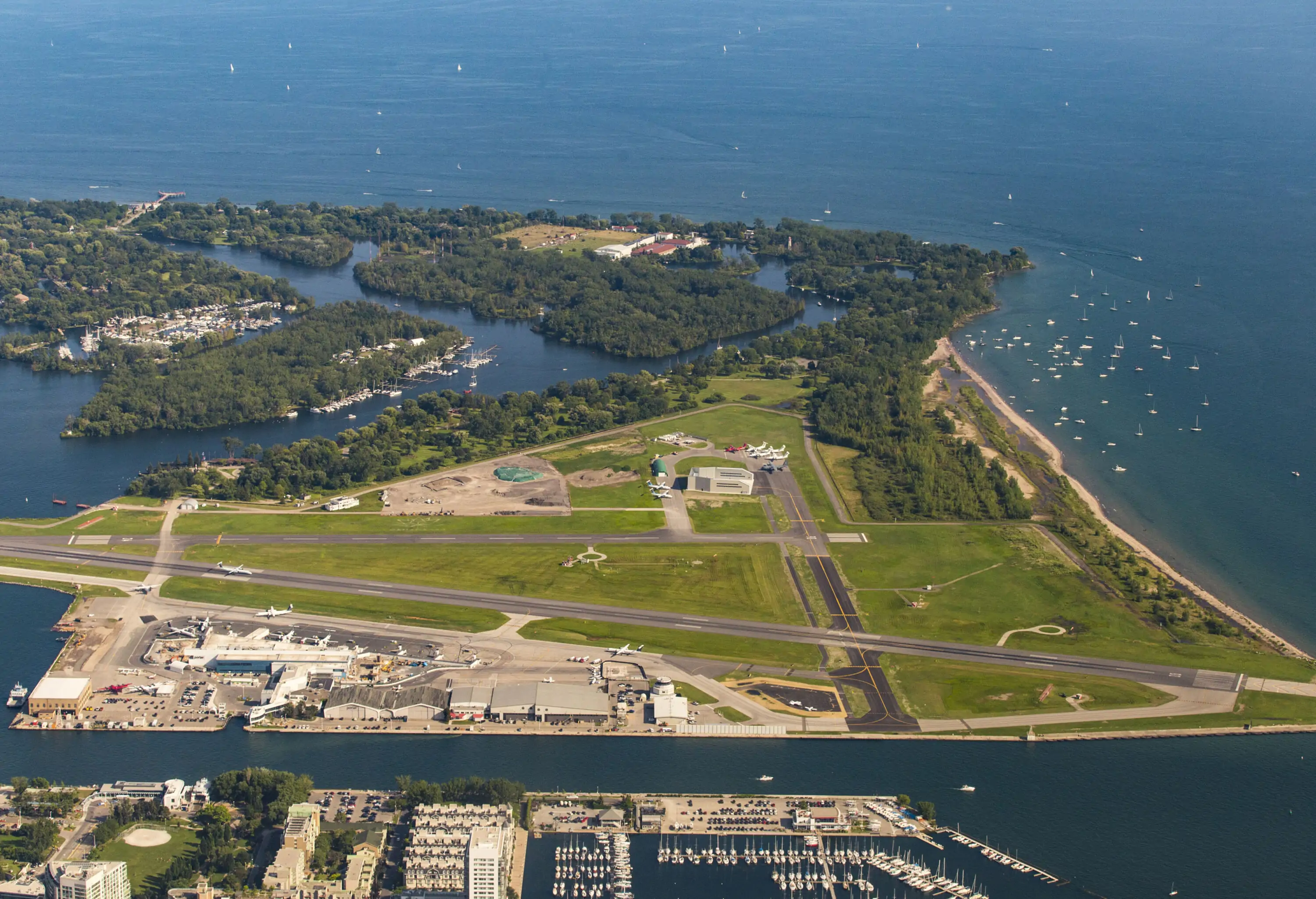 An airport site set on an island in a lake dotted with several smaller islands.