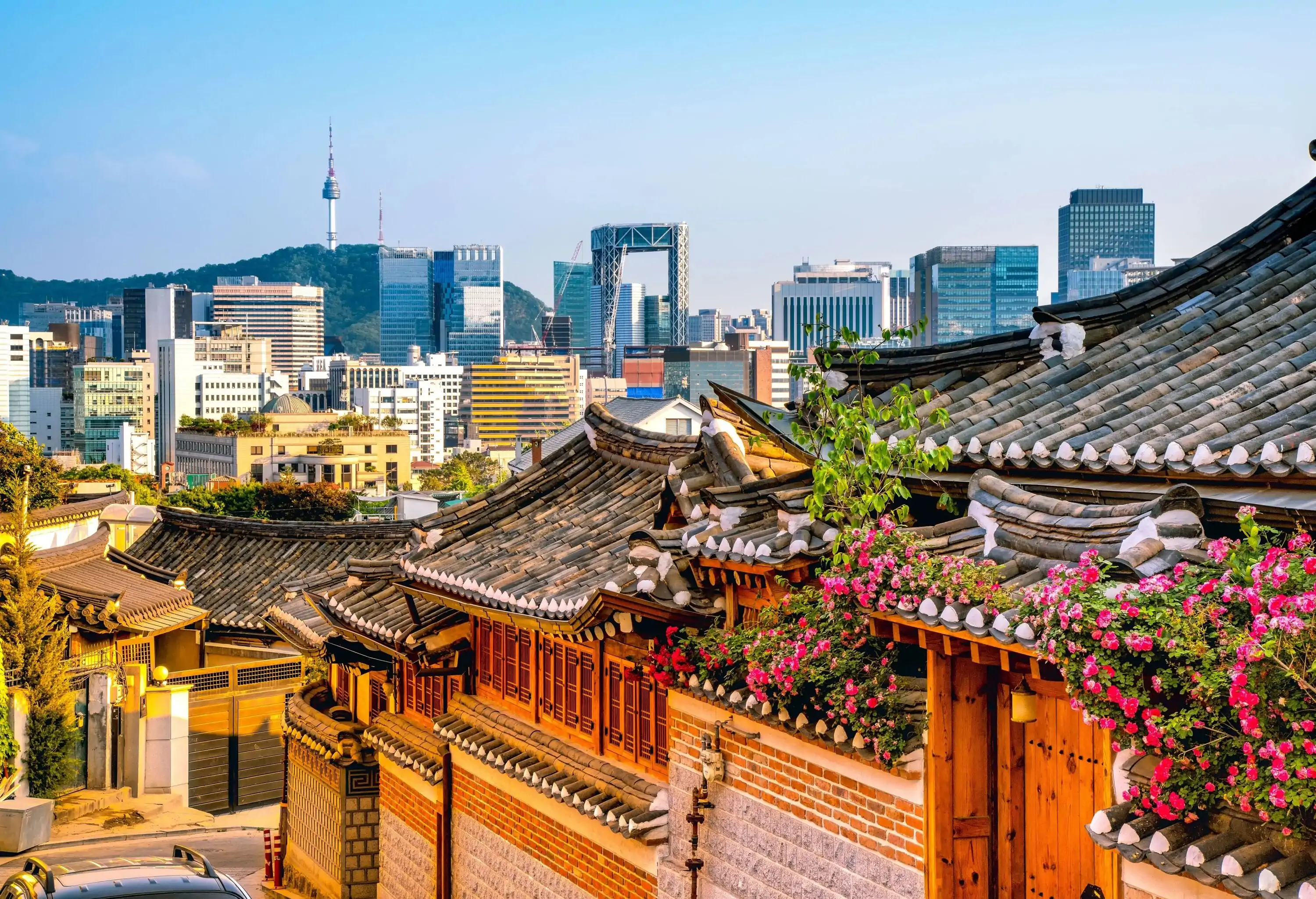 A neighbourhood of old and historically preserved residences with distant views of modern buildings and skyscrapers.