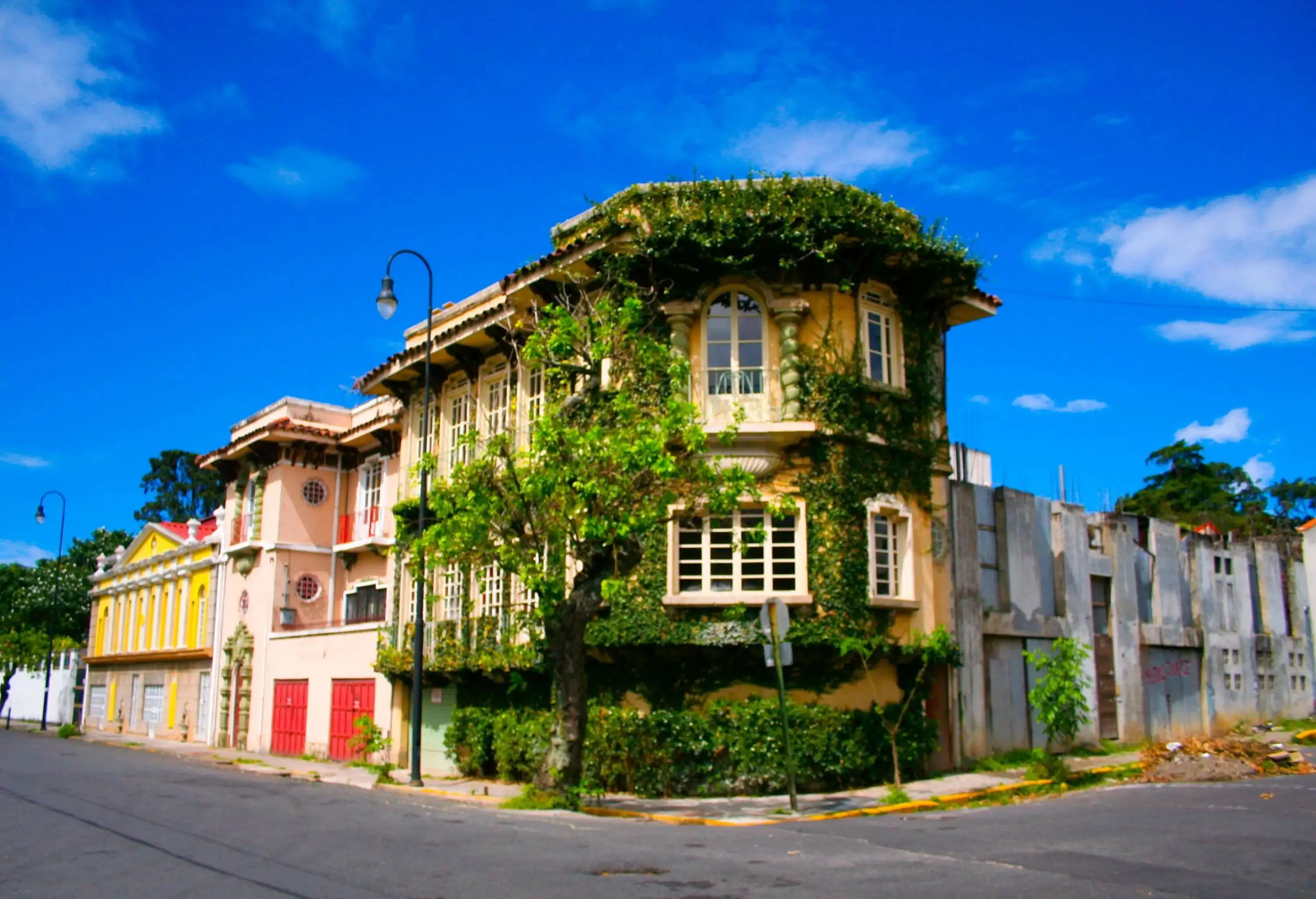 An old mansion along an intersection covered in green vines.