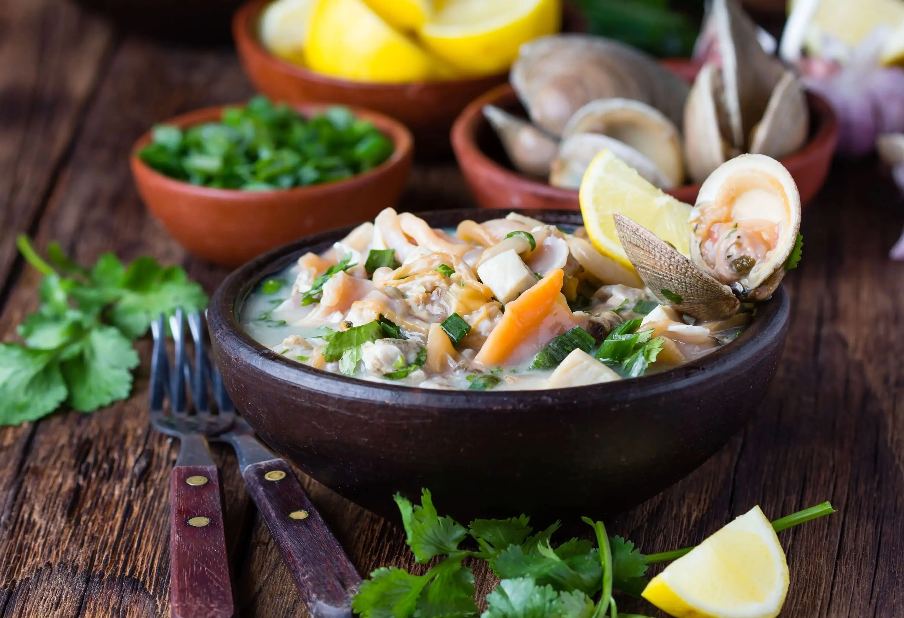 A wooden bowl full of seafood shellfish soup topped with cilantro.
