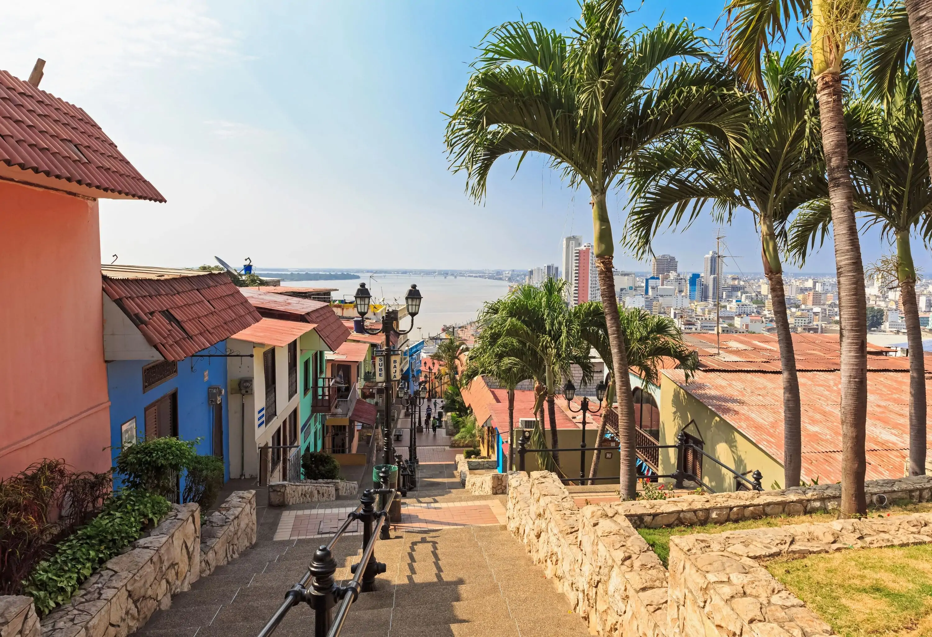 Downhill stairs lined by lampposts in the centre along the colourful buildings overlooking the broad river.