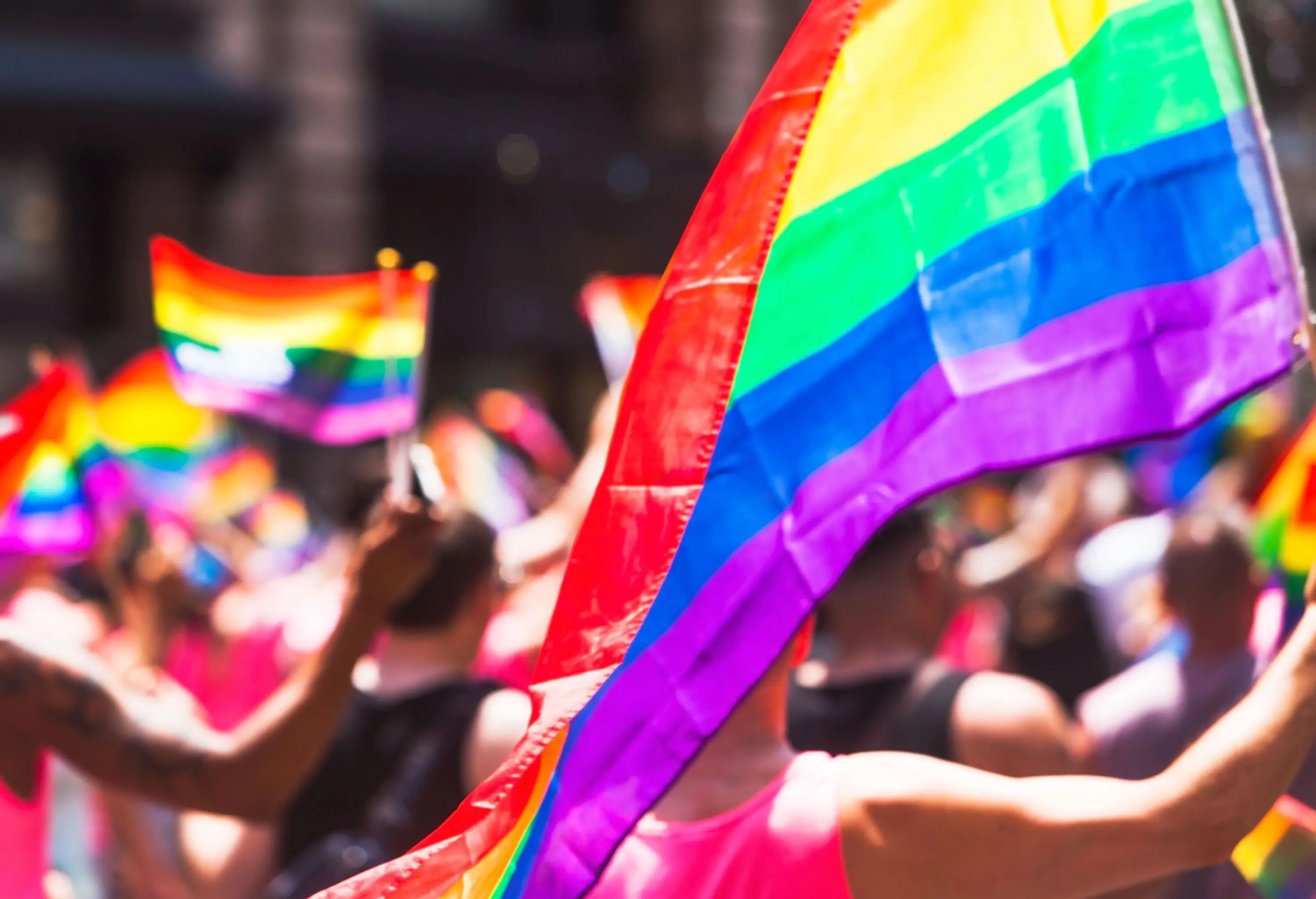 Pride flags held by the crowd flying in the air during a parade.