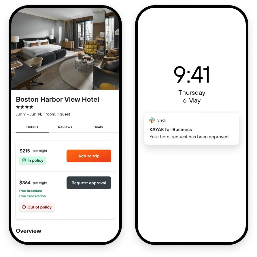 One phone showing hotel booking with policy rules, another with travel approval notification.