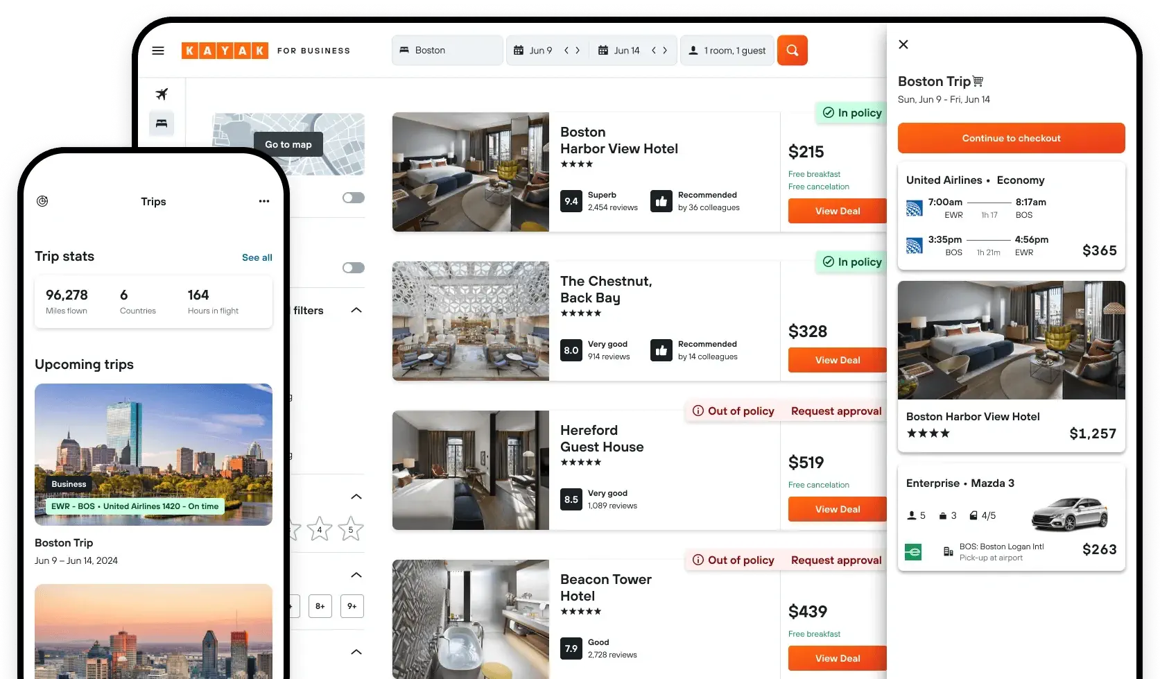 A travel booking interface showing hotel options in Boston and a trip summary with flight details on a desktop and mobile screen.