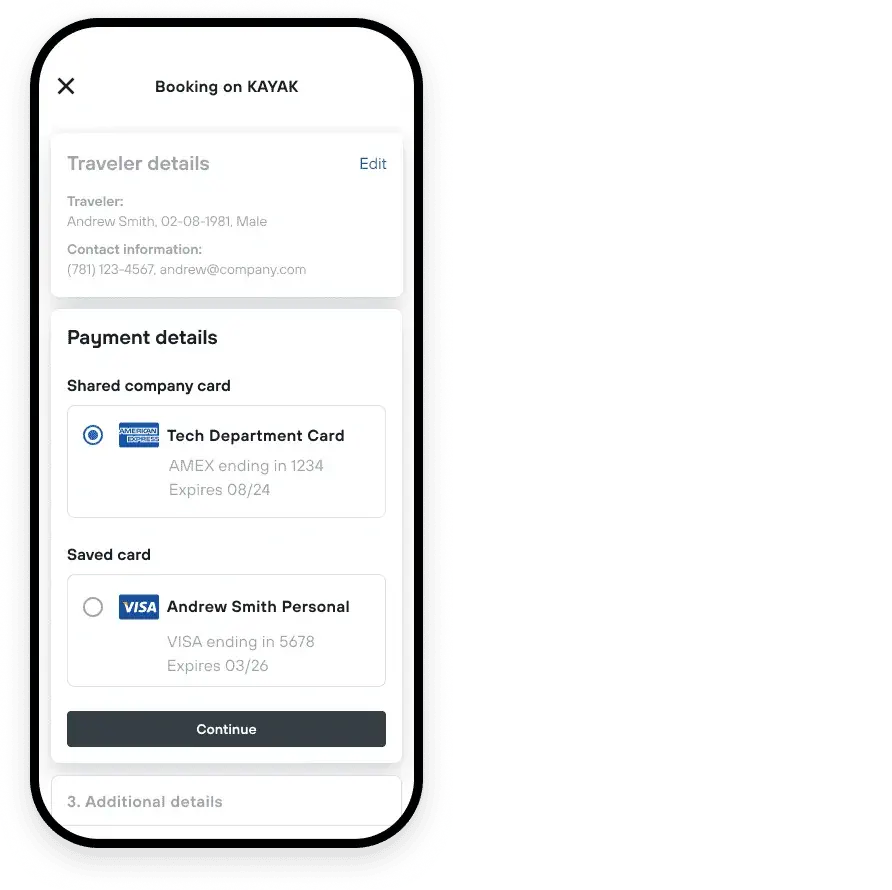 Smartphone screen displaying payment options with company and personal cards for booking.