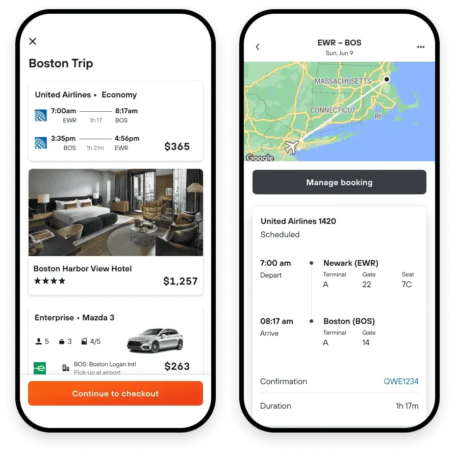 Two smartphones showing a Boston trip booking with flight details and hotel options.