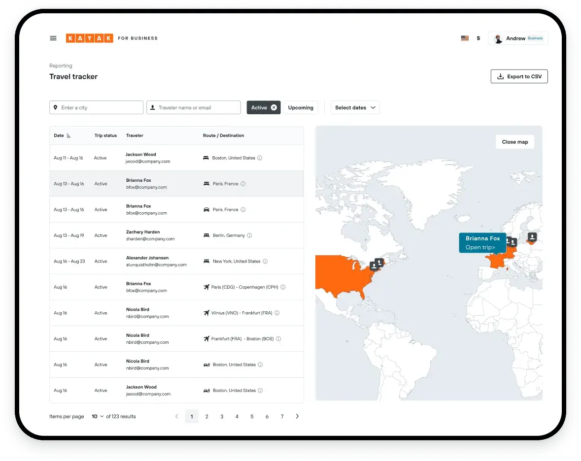 Travel spend report and traveler location overview on a tablet for compliance tracking.