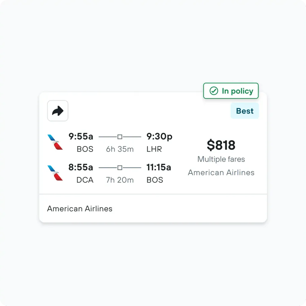 Flight results: Boston to London, $818, marked in-policy and best option with two route options.