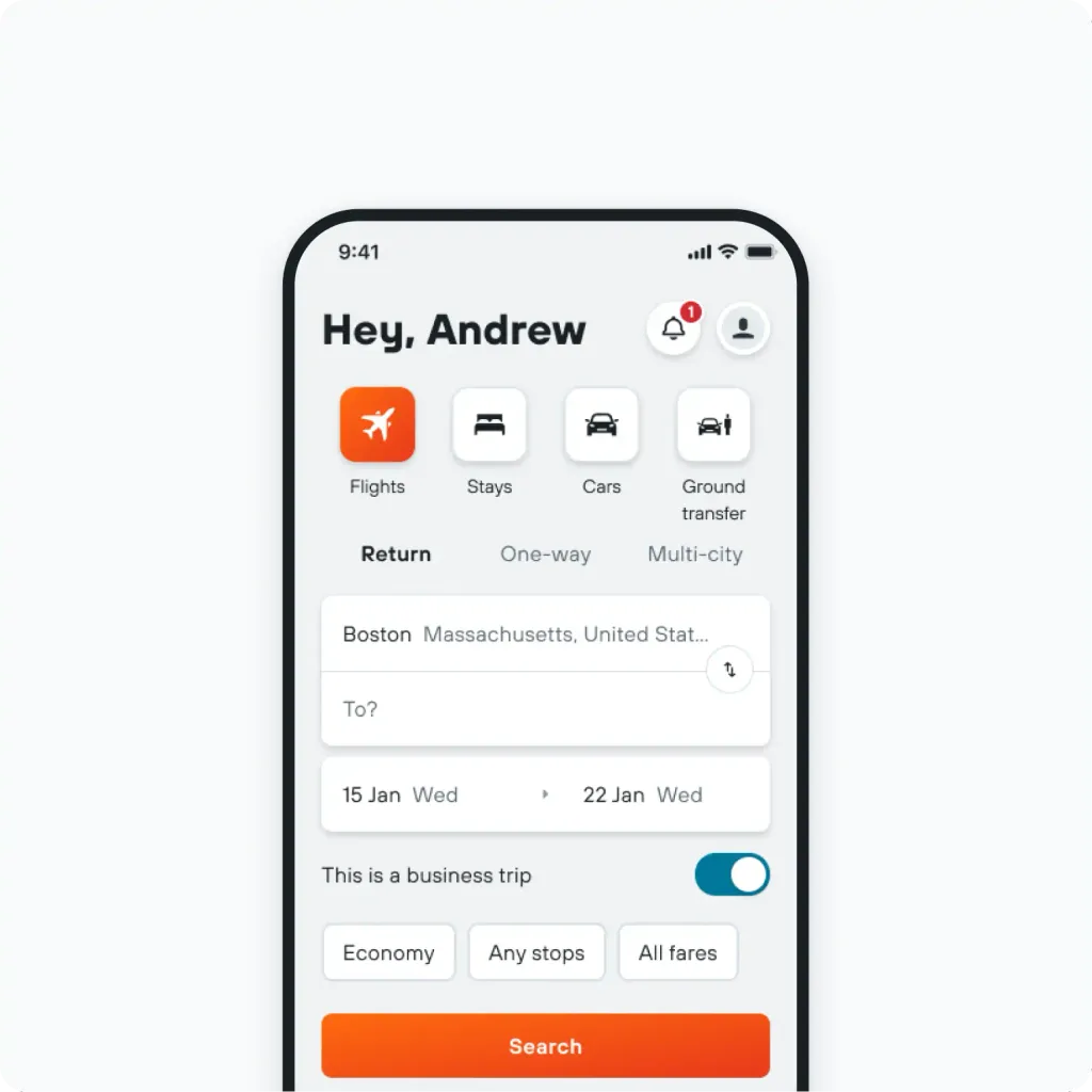 Flight booking app showing search