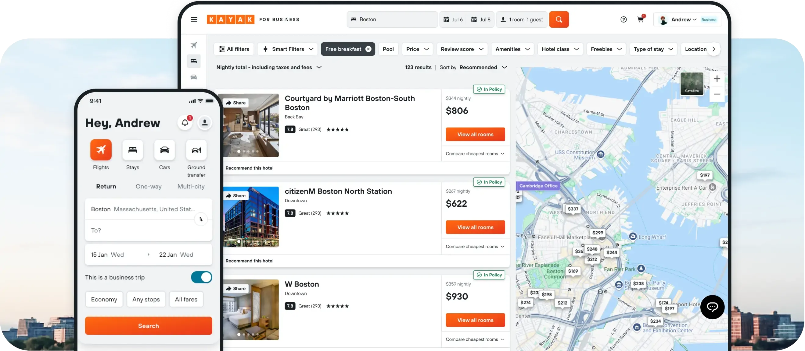 KAYAK for Business showing flight and hotel search interface with results and map for Boston area.