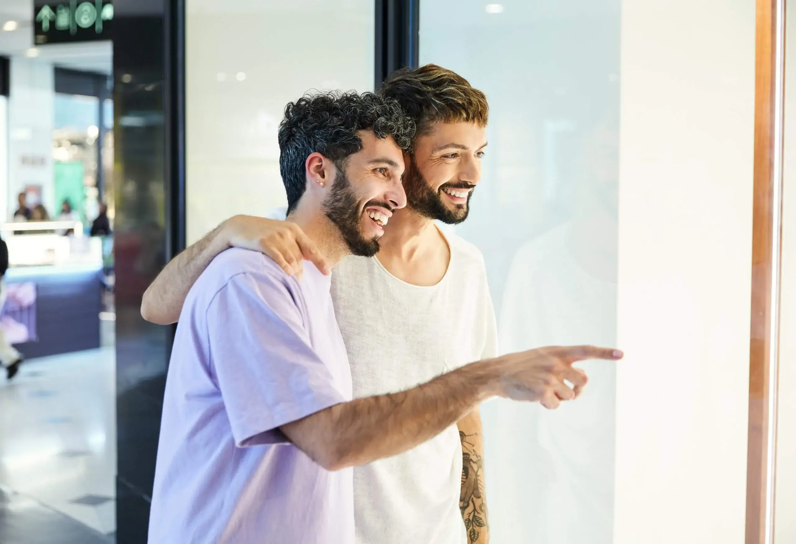 A male couple standing by a large glass window, with one of them pointing to something outside.