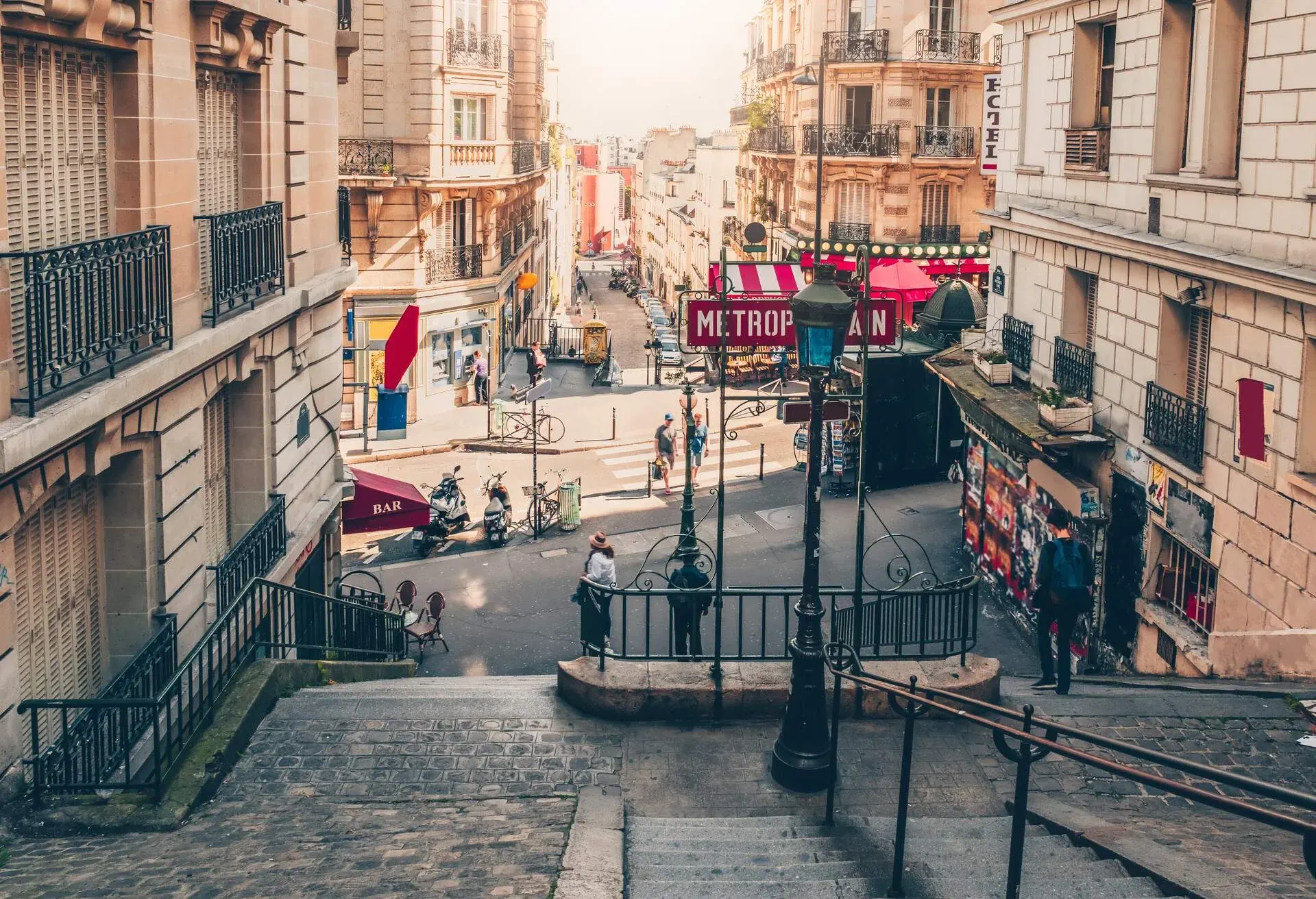 Montmartre staircase and entrance to Paris Metro subway in Paris, France