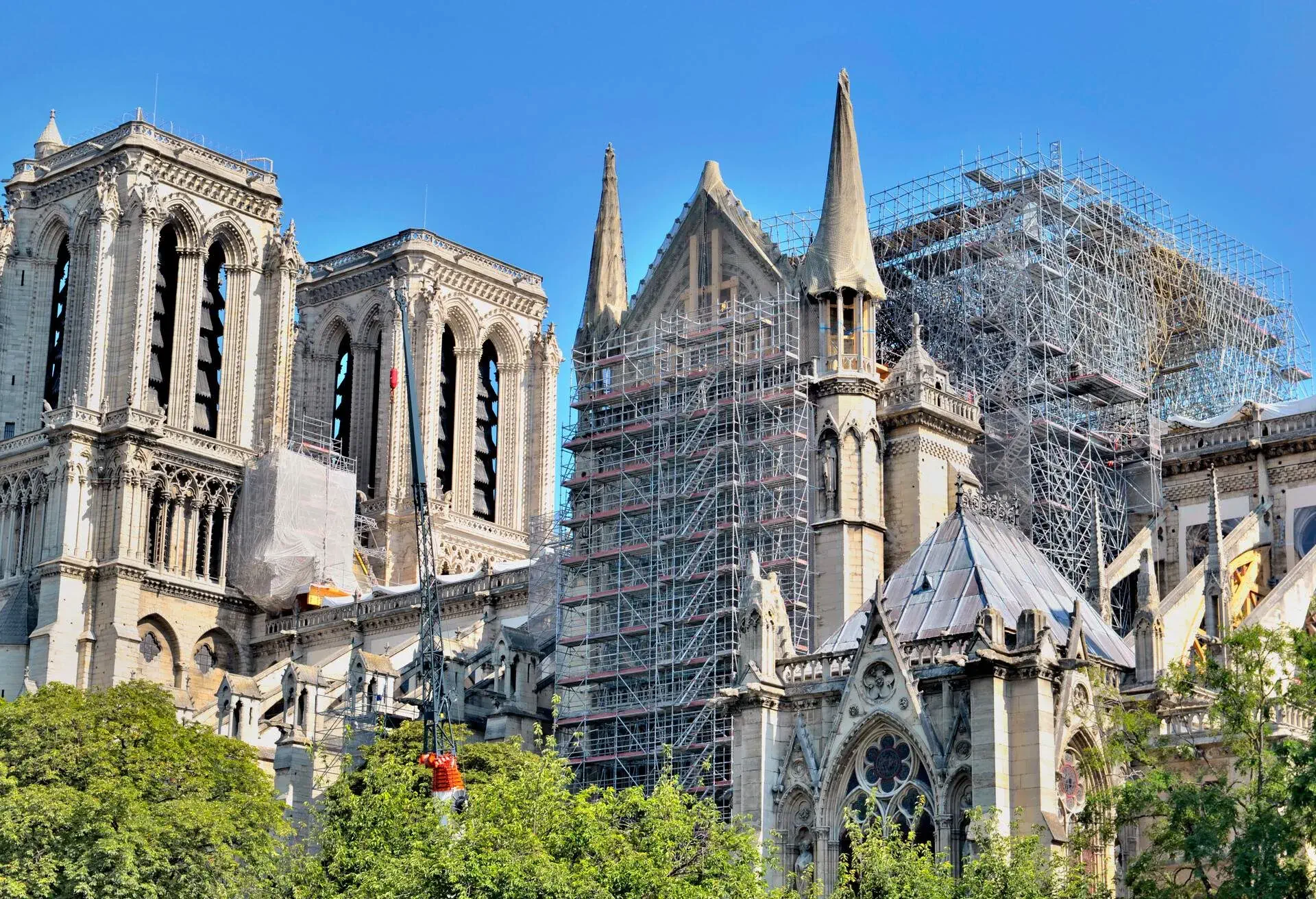 scaffolding on the facade of the cathedral Notre Dame de Paris after fire