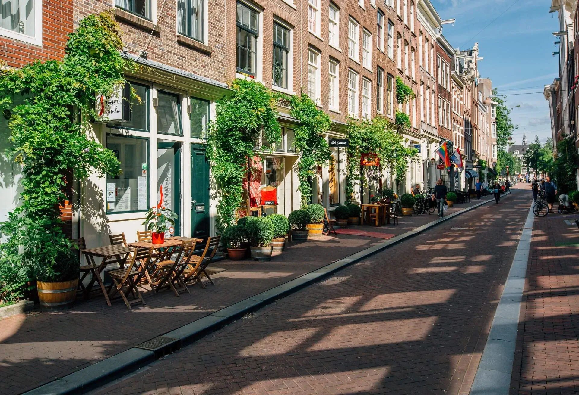 A shopping street lined on both sides by rows of buildings houses the various shops.