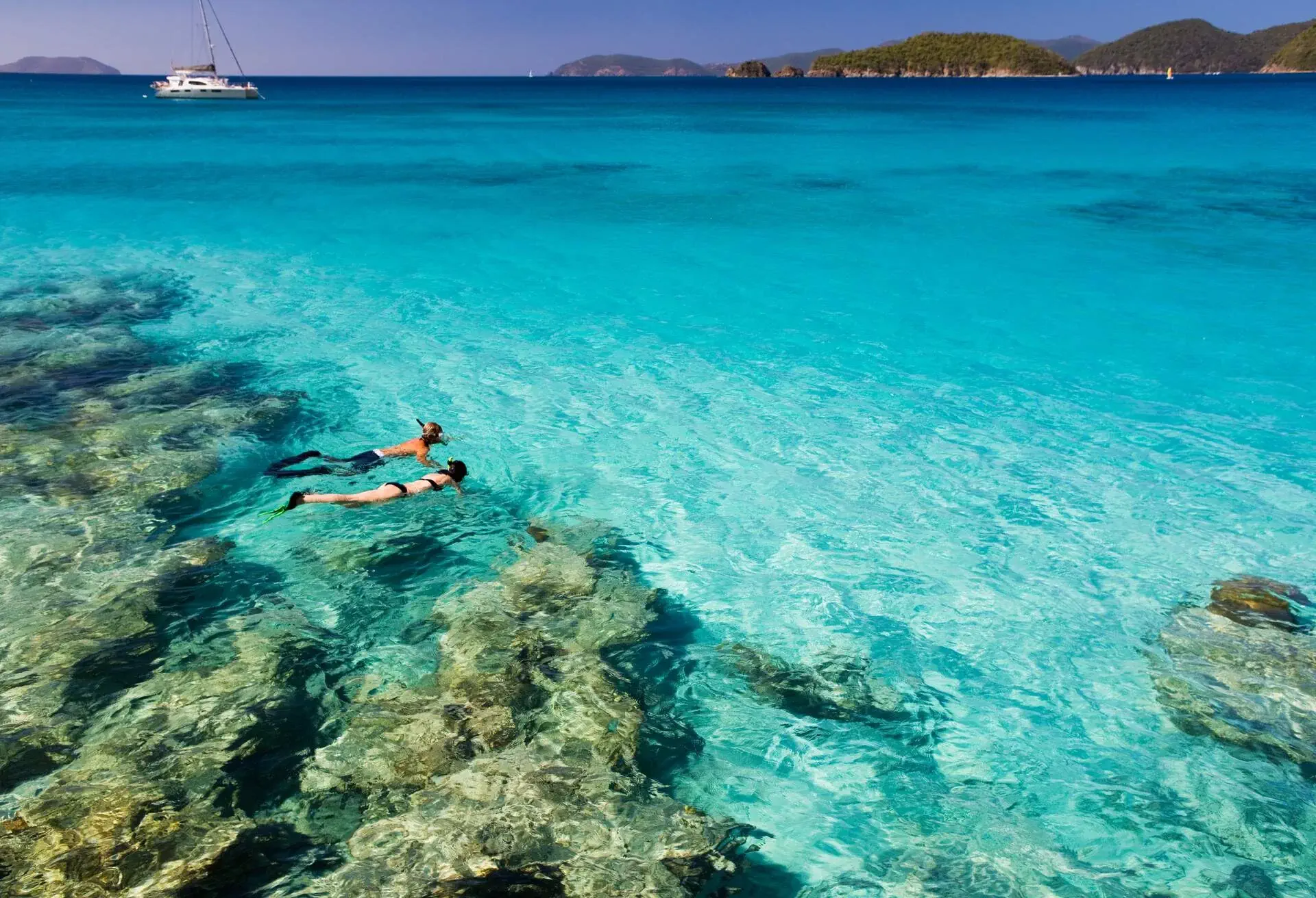 A couple, holding hands as they snorkel in crystal-clear waters, explores the vibrant underwater world together.