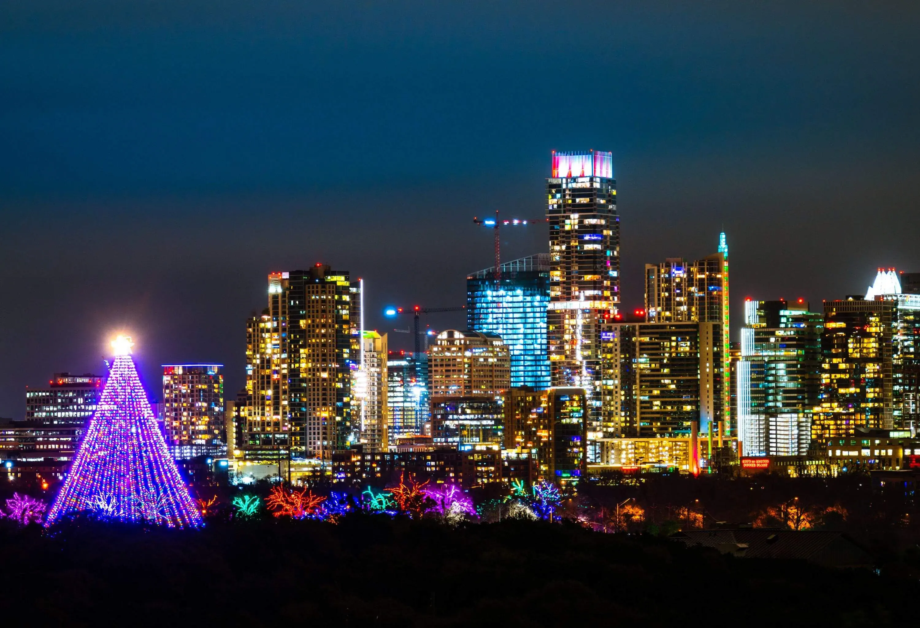 Holidays and Christmas Trail of Lights View of Austin Texas Cityscape at night Skyline of the Capital Cities