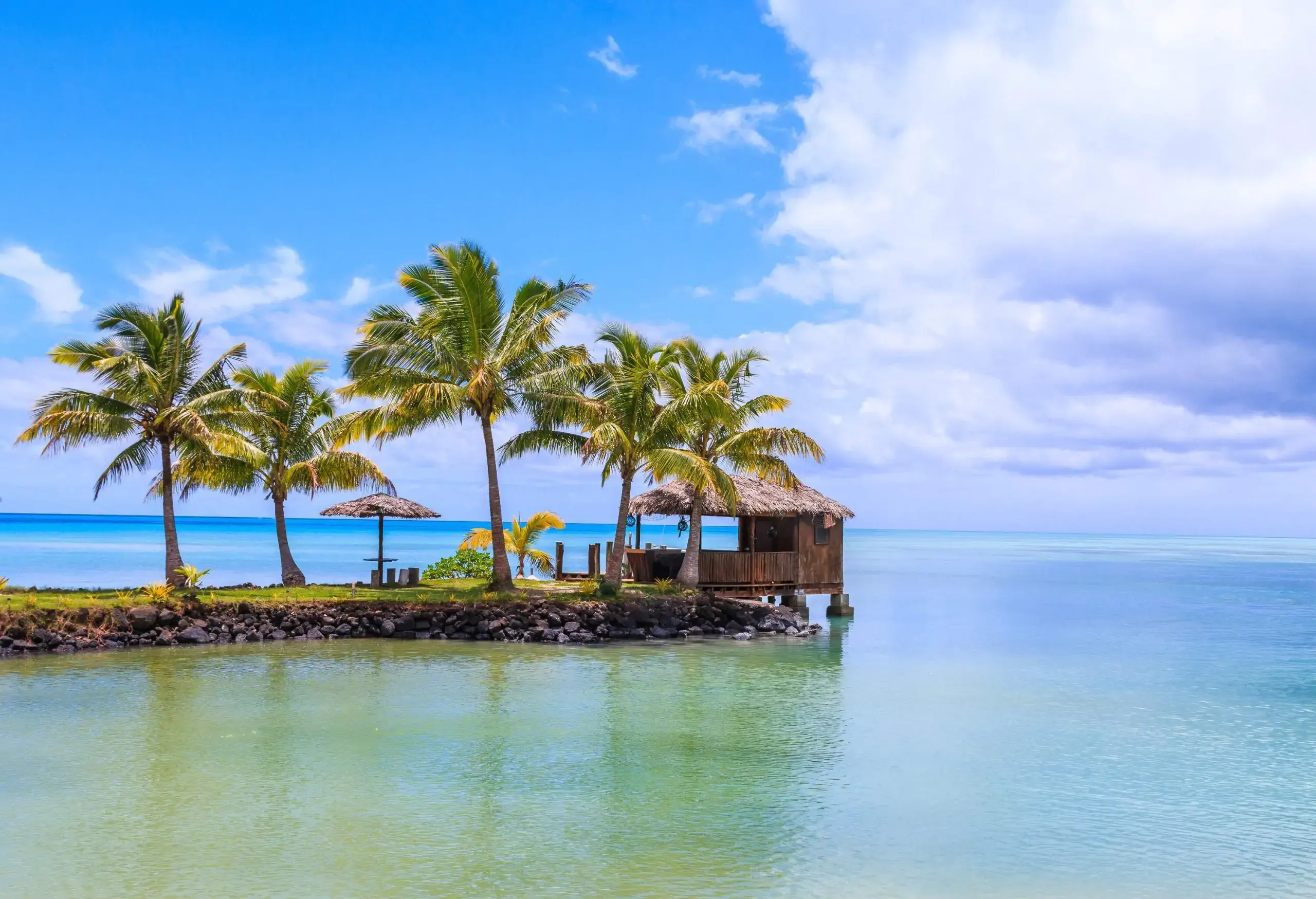 A tranquil coast featuring a charming thatched hut nestled at the water's edge, surrounded by swaying palm trees.