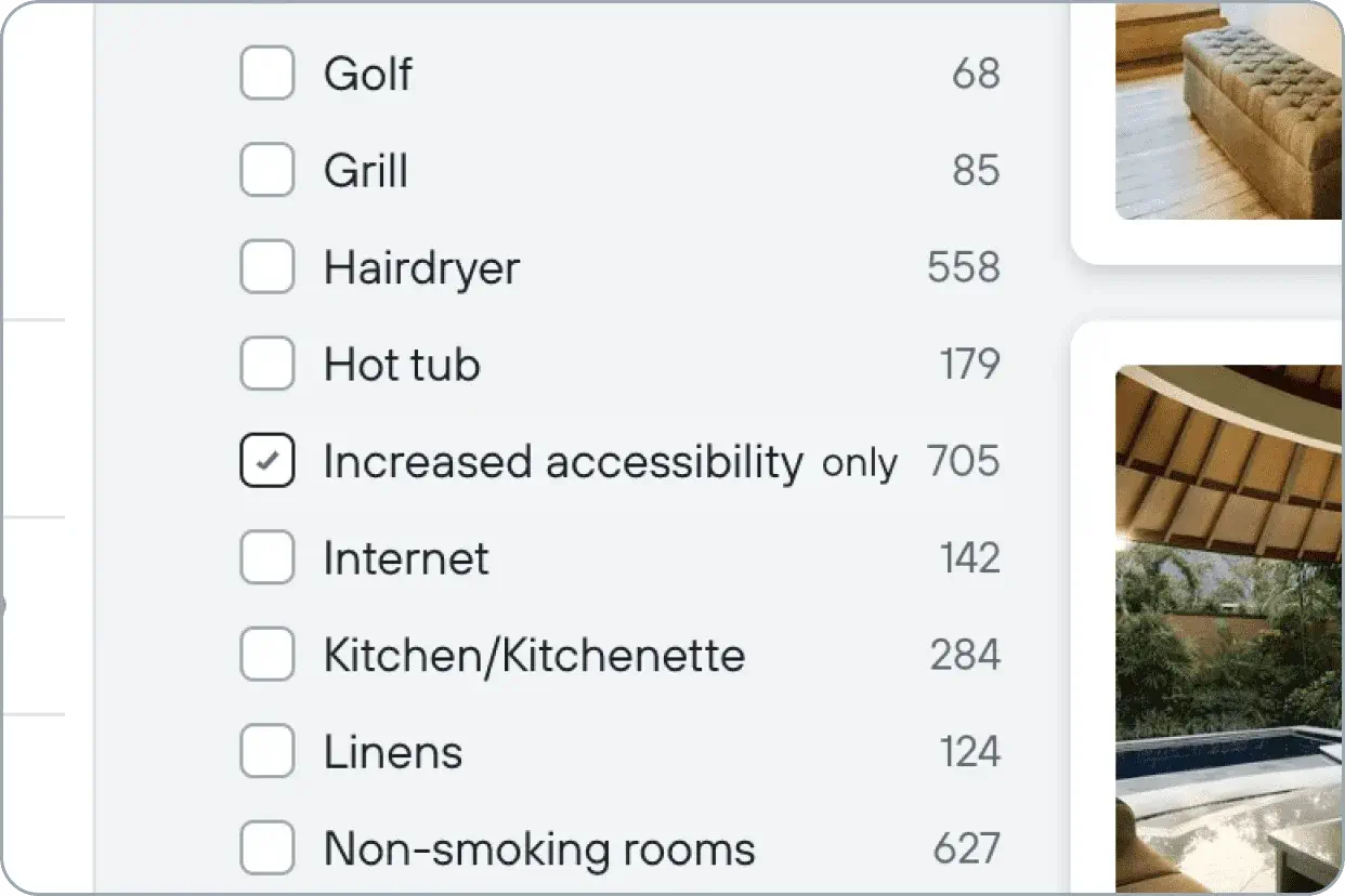 Step two of how to find a hotel room with roll-in shower: select the filter 