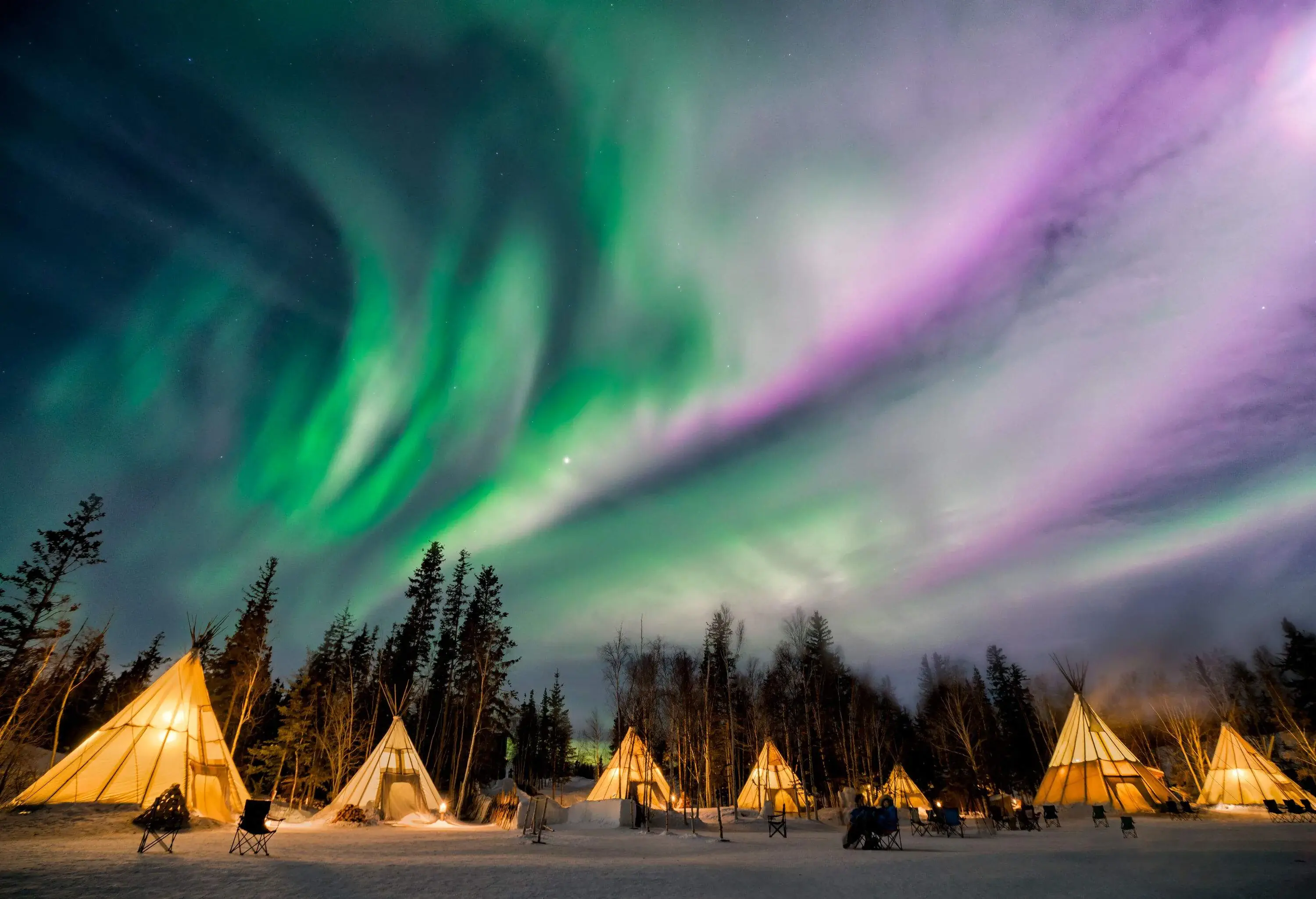 Illuminated triangular camping tents in the forest under the green and purple aurora in the night sky.