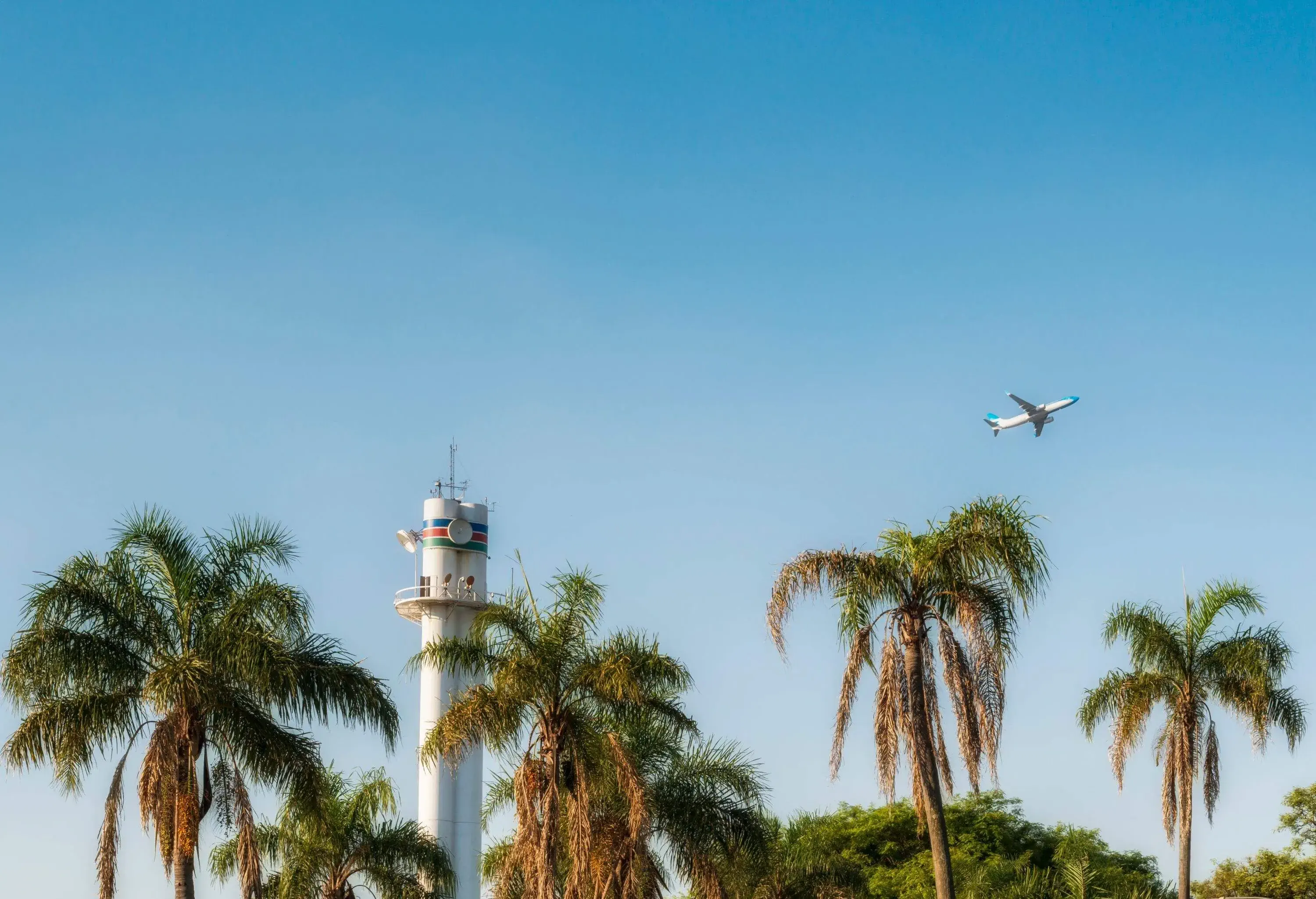 An airplane flying above palmtrees and a tower