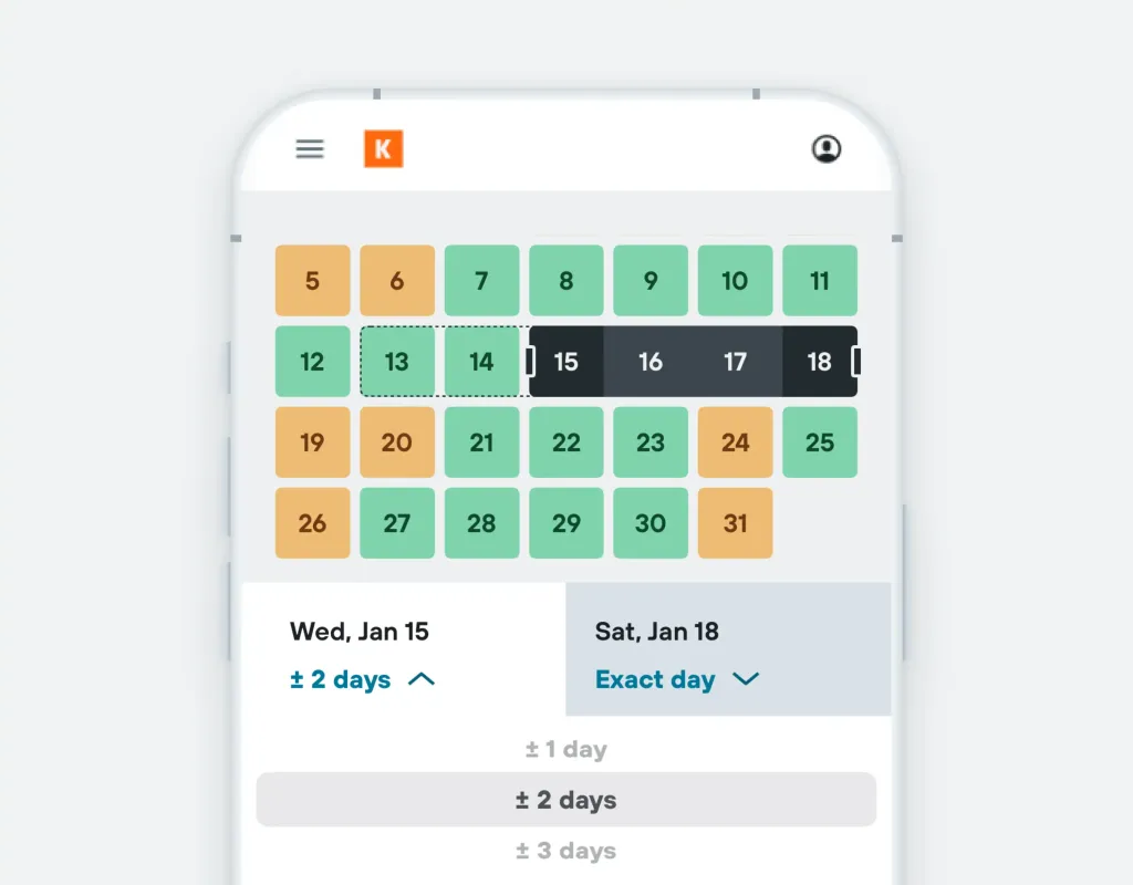 KAYAK's colour coded calendar search