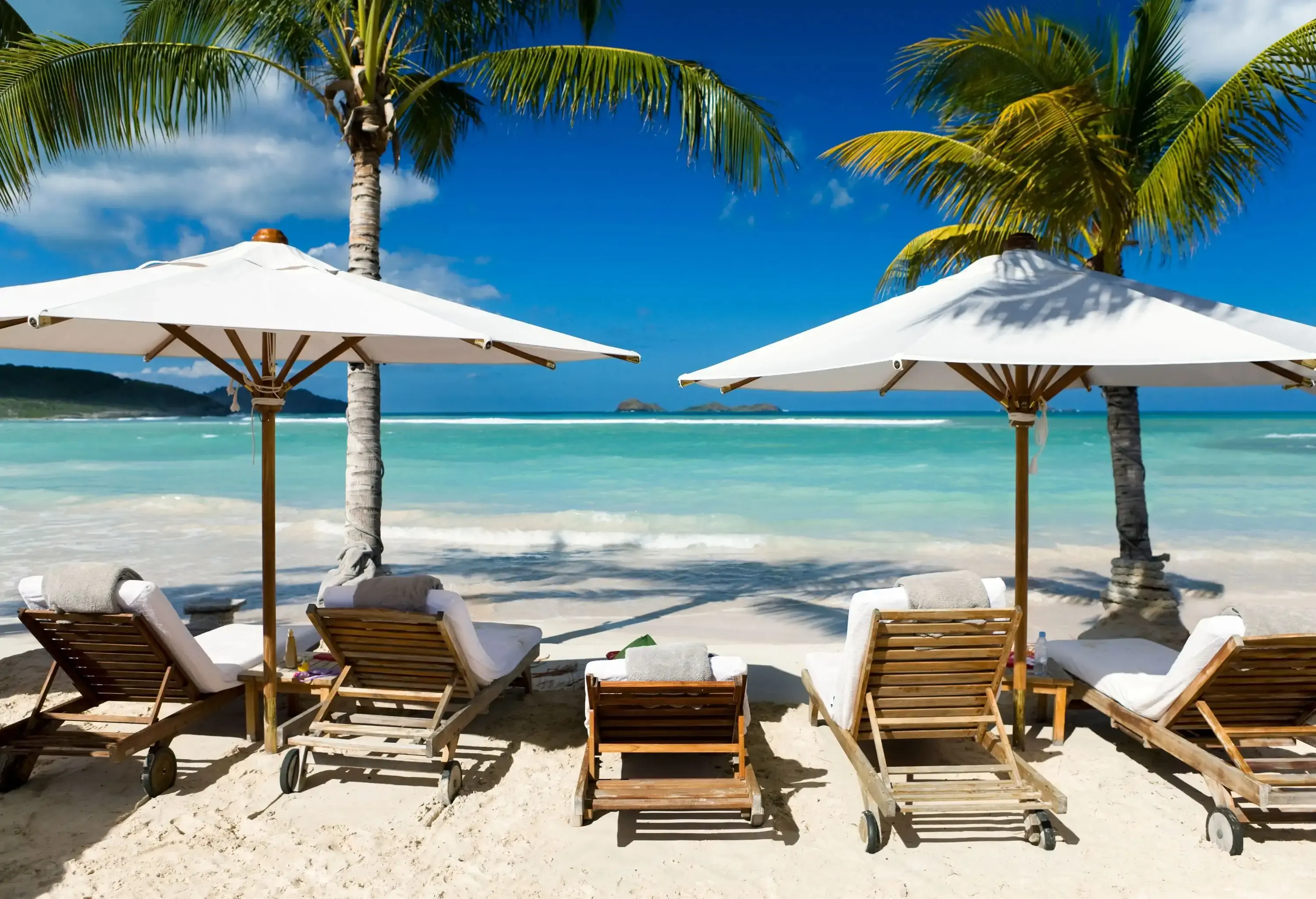 A relaxing spot on the beach with umbrellas and loungers shaded by coconut trees and a wide view of the sea.