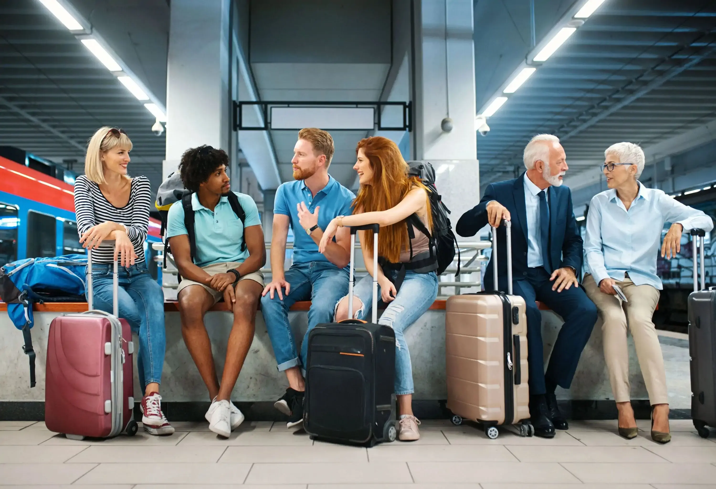 Closeup front view of group of young adults and a senior couple waiting for a train ride at an underground railroad station. They are sitting on a bench and talking.