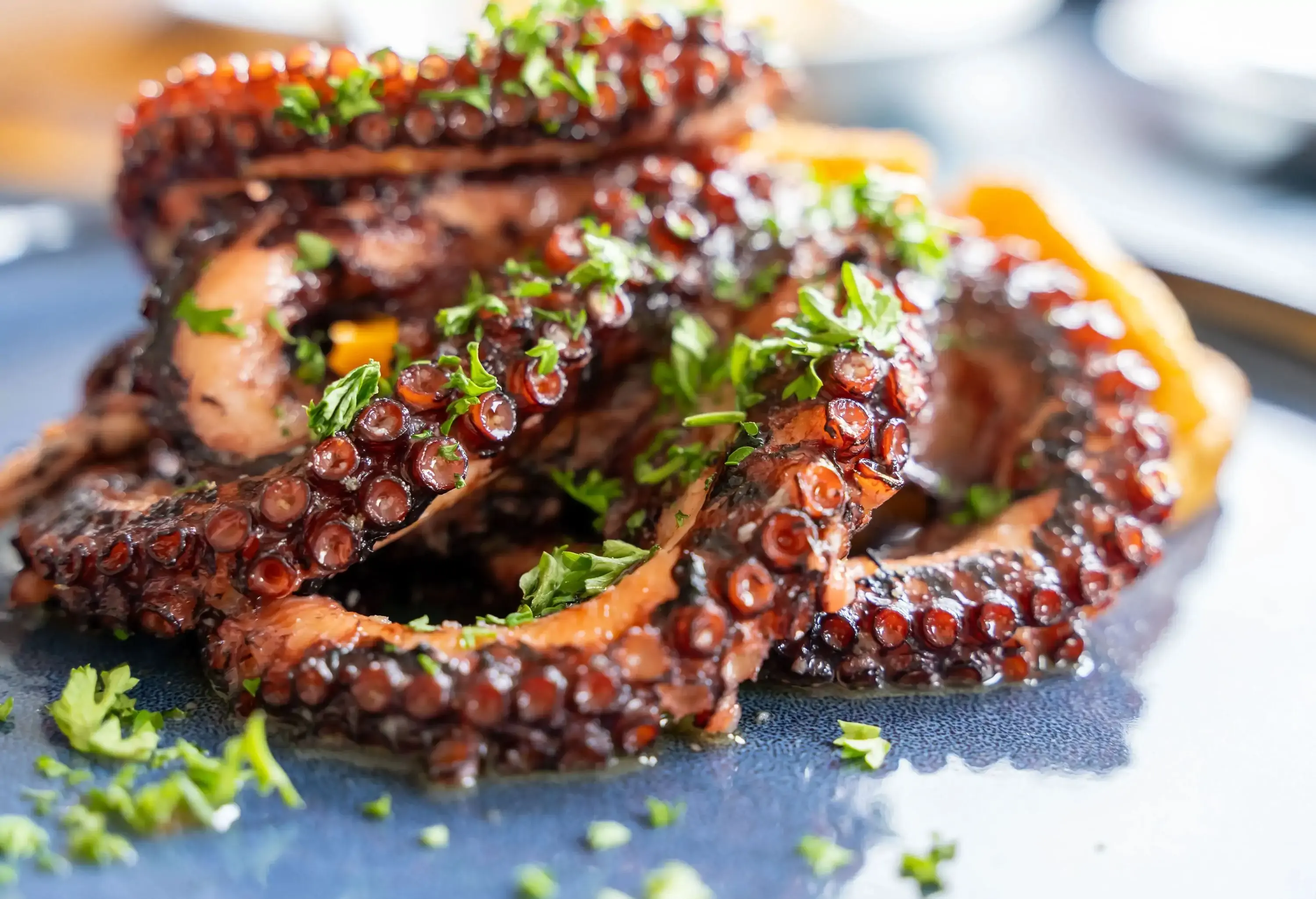 A pile of tasty grilled octopus sprinkled with finely cut green leaves.