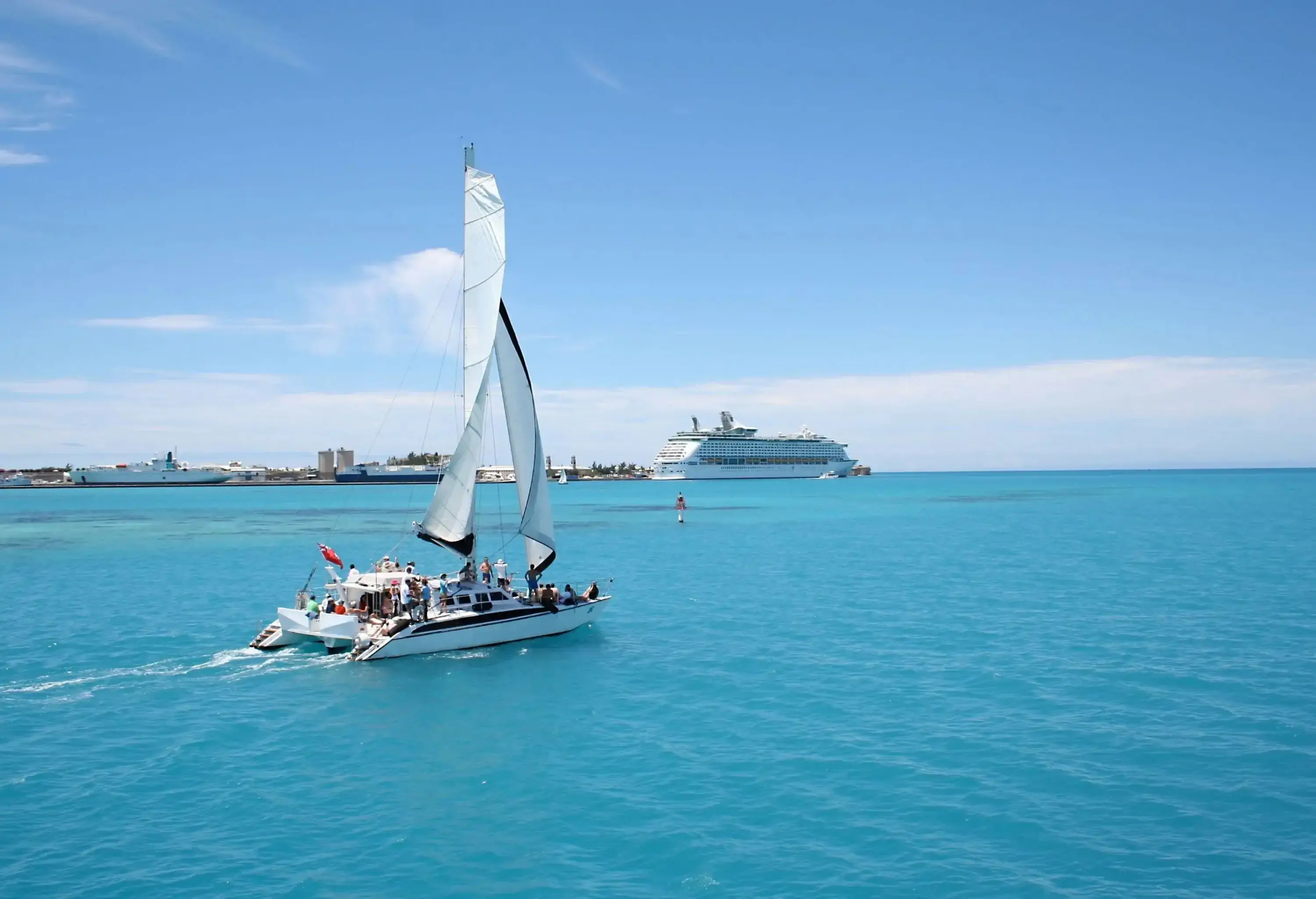 A catamaran leaves Bermuda for a sail and snorkeling.