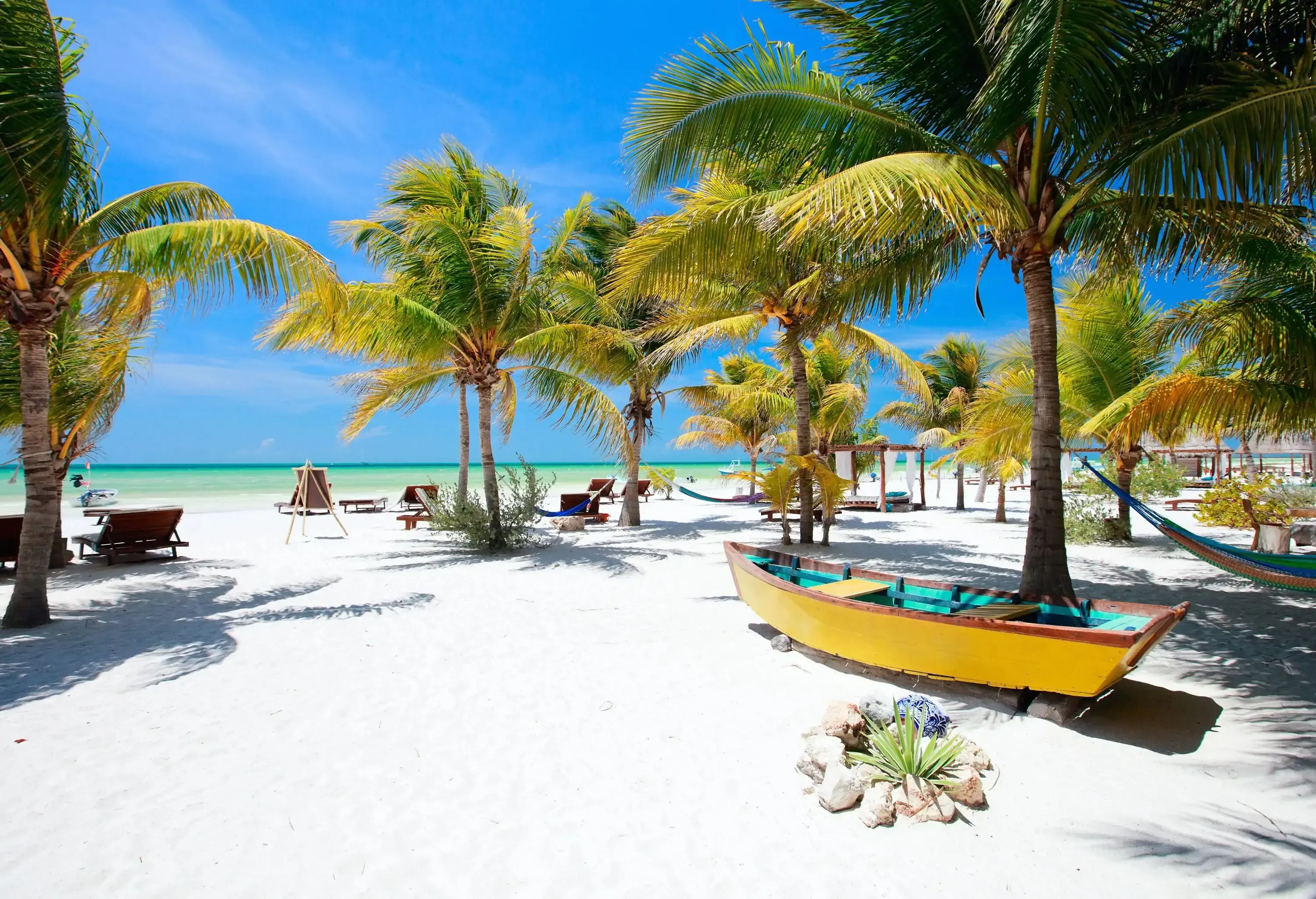 Beach beds and hammocks among palm trees at perfect tropical coast